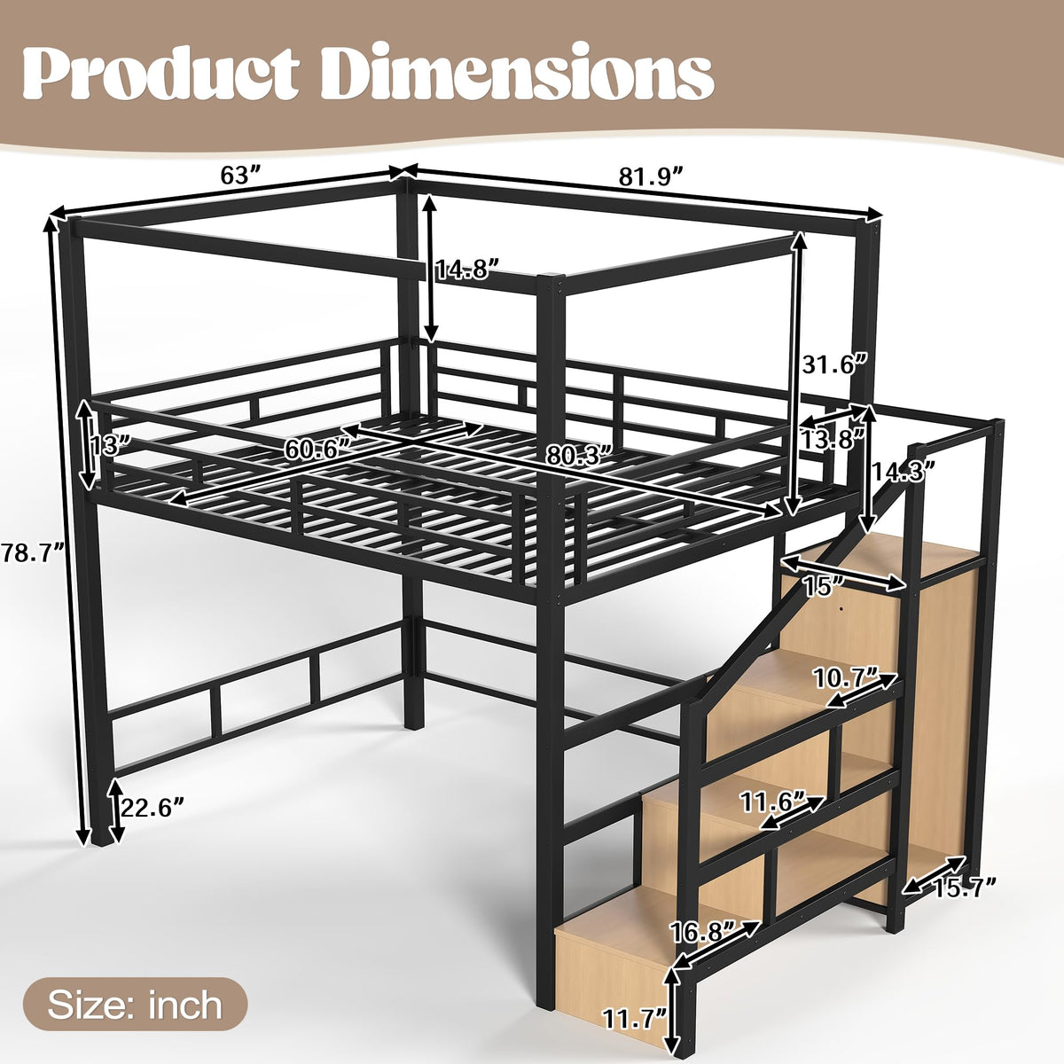 Bellemave Queen Size Loft Bed with Stairs and Wardrobe,Heavy Duty Metal Loft Bed Frame with Canopy for for Kids,Teens,Adults,Natural Wood