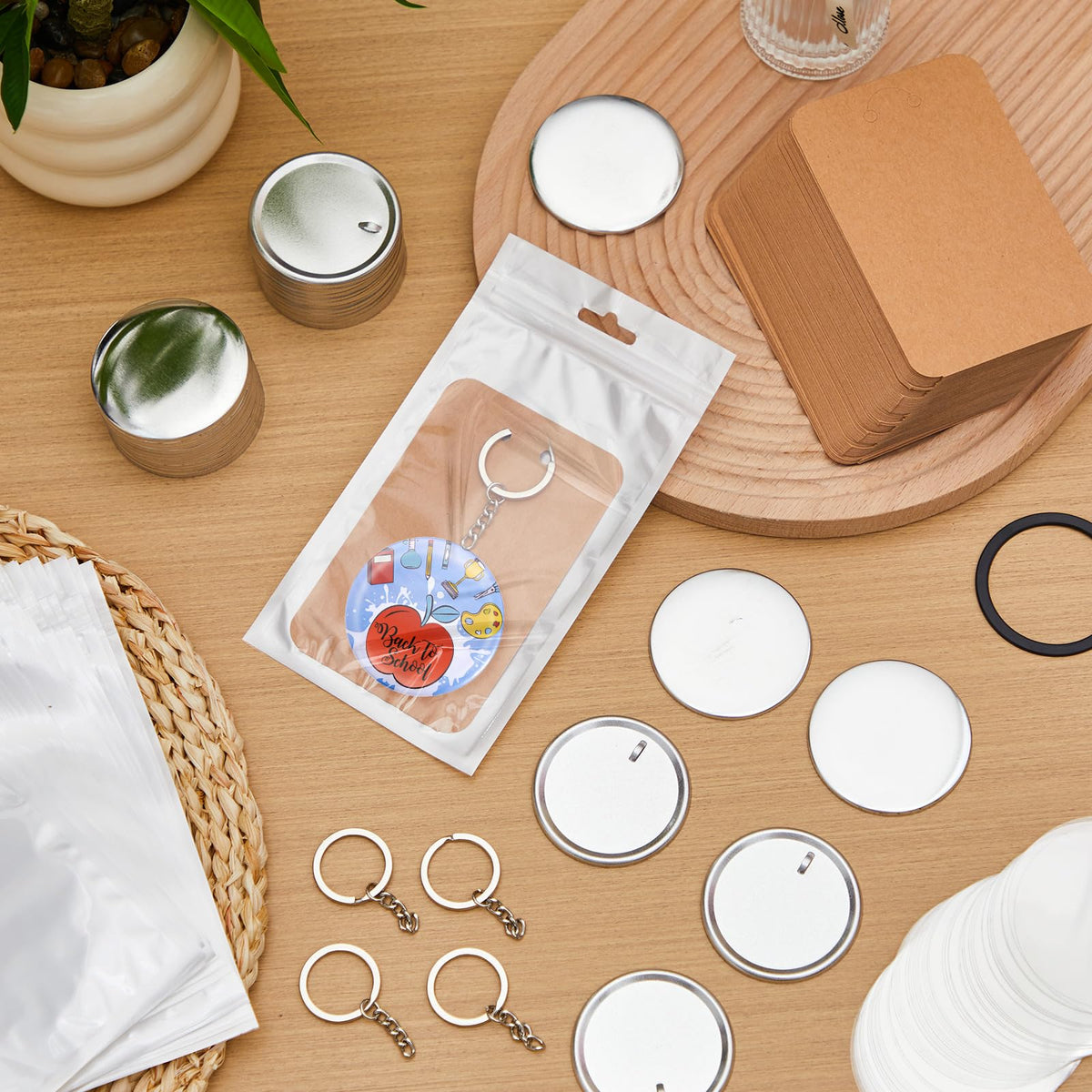 Tondiamo 100 Sets 58 Mm/ 2.25 Inch Button Maker Keychains Supplies Metal Button Badge Sets Including Metal Shell, Plastic Film, Backing Parts, Bags, Cards for Maker Machine DIY Christmas Gifts
