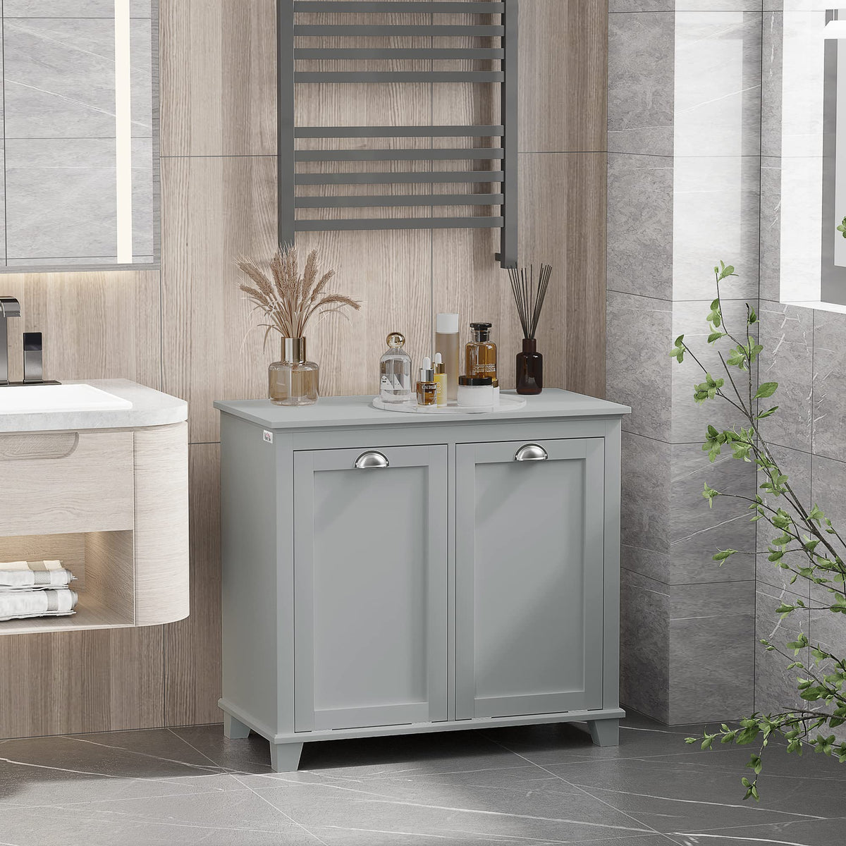 Tilt Out Laundry Sorter Cabinet, Bathroom Storage Organizer with Two Compartment Tilt Out Hamper, Gray