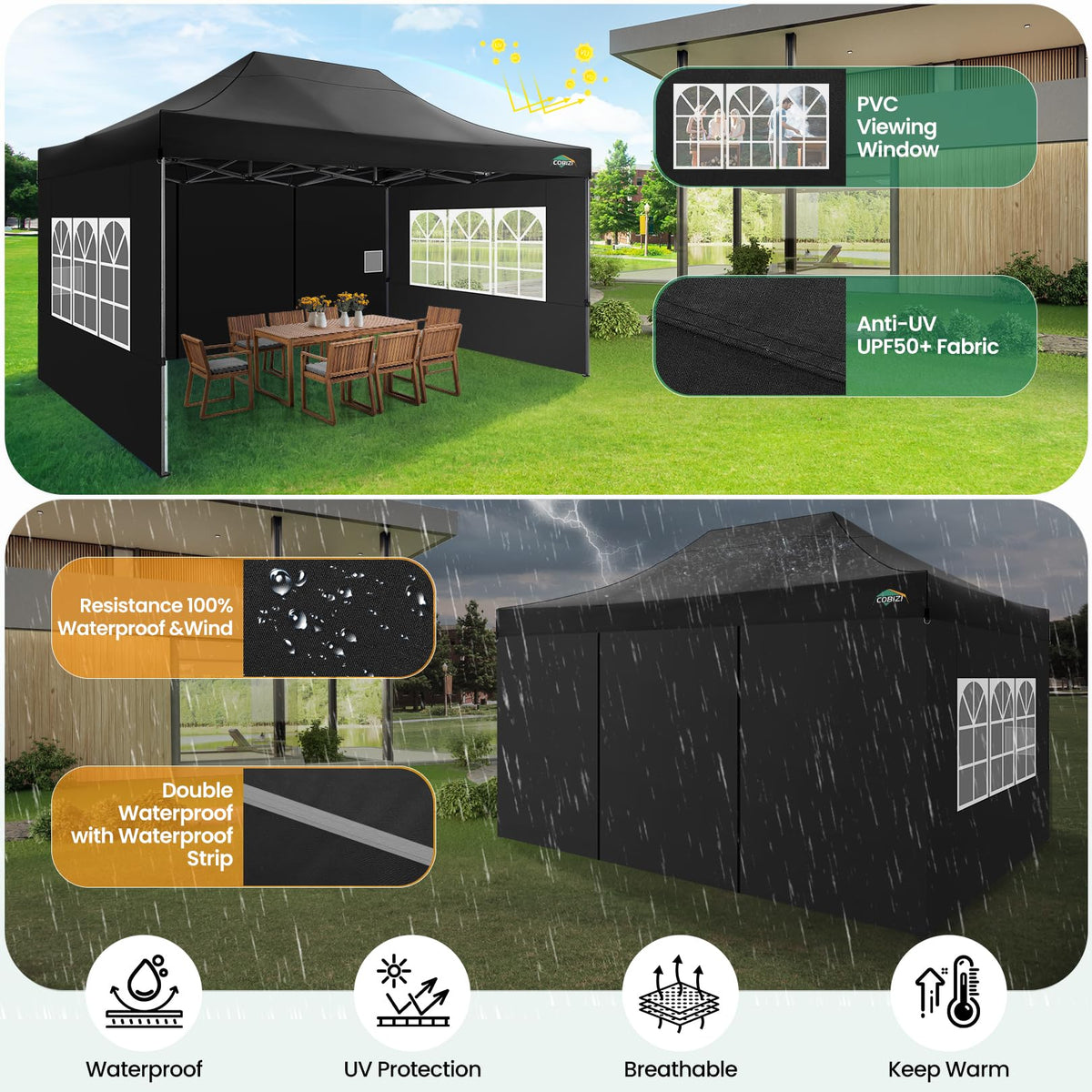 COBIZI 10x15 Heavy Duty Pop up Canopy Tent with 4 sidewalls Commercial Outdoor Canopy Wedding Party Tents for Wedding All Season Wind & Waterproof Gazebo with Carry Bag, Black(Frame Thickened)