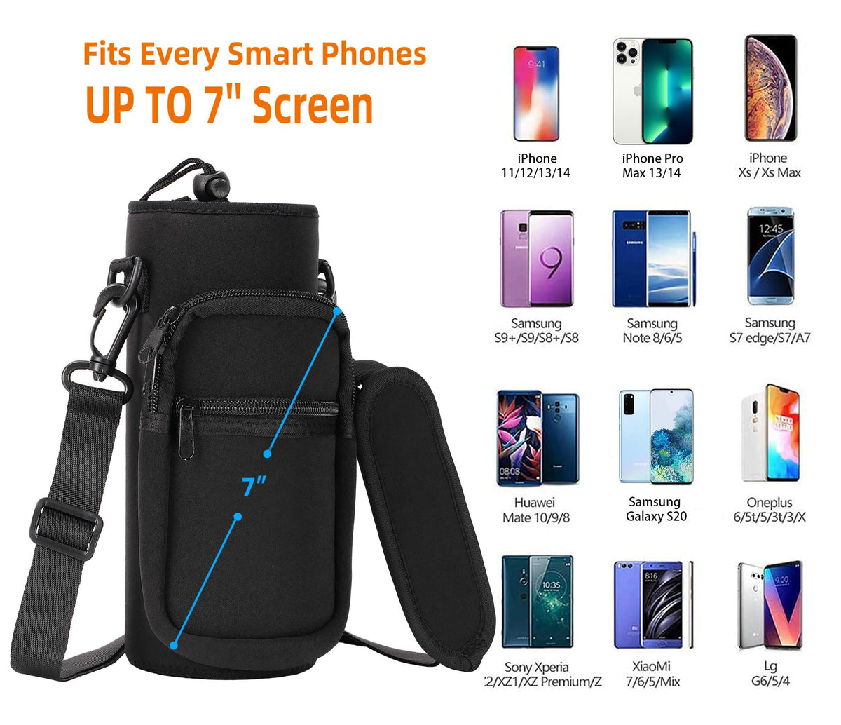 AceTreker 32 oz 40 oz Water Bottle Sleeve, Insulated Water Bottle Holder with Strap & Paracord Handle, Carrier Sling Bag with Phone Pocket for Walking Hiking-Black