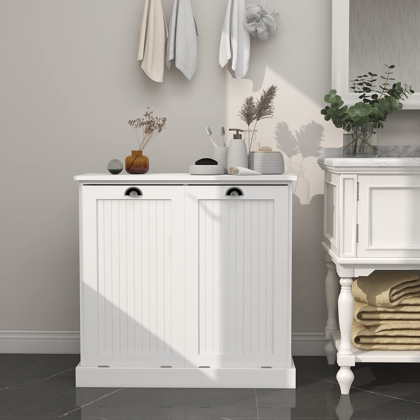 Gecheer Two-Compartment Tilt-Out Laundry Sorter Cabinet - Organized and Easy to Clean Storage Cabinet Organizer, Storage Unit Shelves, for Bathroom Living Room Dining Kitchen YJXW112049950