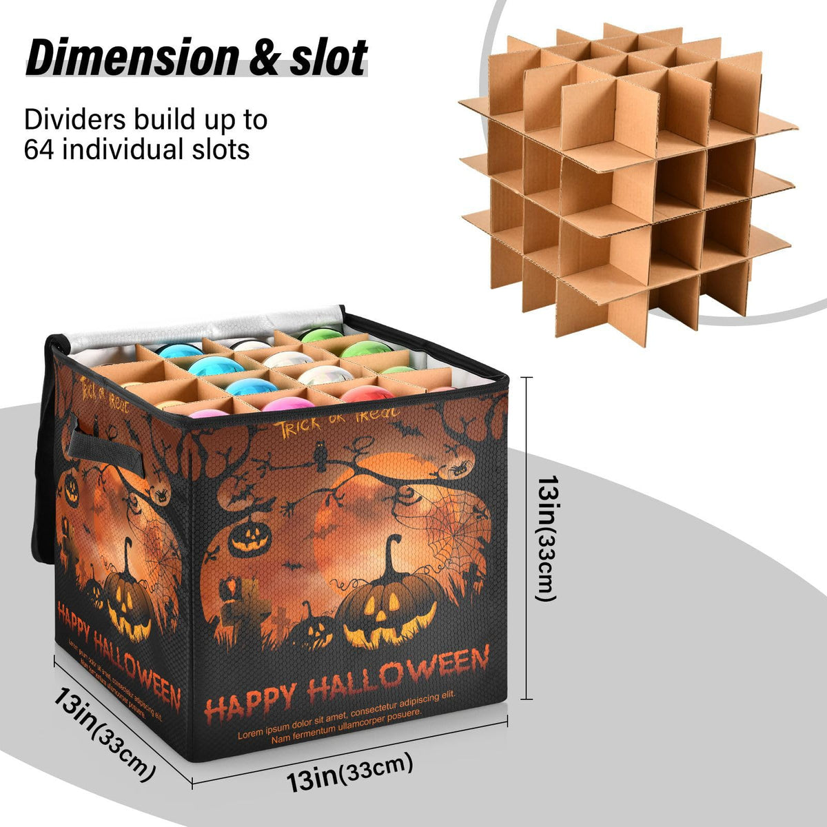 YETTASBIN Halloween Pumpkin Large Christmas Ornament Storage Box with Zipper & Adjustable Dividers, Storage Container with Lid & Handles for 64 Holiday Ornaments 3-Inch, 13 x 13 Inch