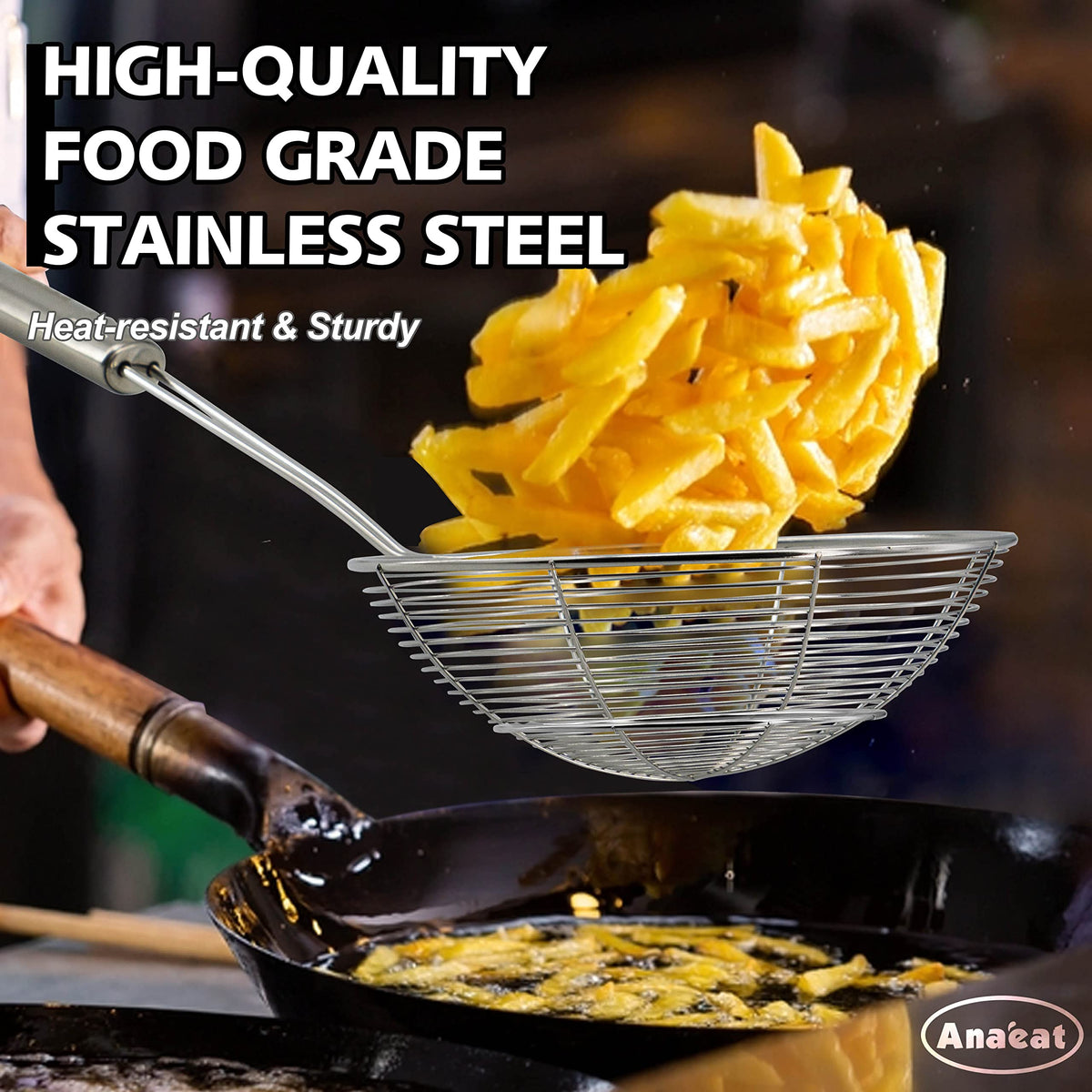 Anaeat Stainless Steel Spider Strainer Skimmer - Solid Kitchen Strainer Ladle with Long Handle for Cooking and Frying, Reinforced Double Coil Slotted Spoons for Pasta, Noodle, Spaghetti (5.5 Inch)