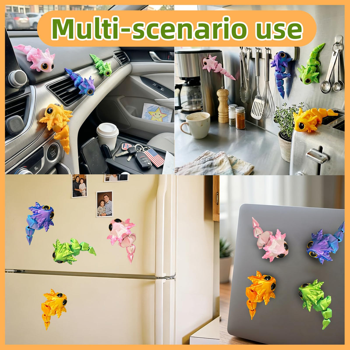 3D Printed Magnetic Axolotl Animals - 4PCS Articulated Salamander Toys for Adults, Decorative for Home, Office, Kitchen，Refrigerator, Metal Surfaces, Stocking Stuffers Bulk, Birthday Party Halloween