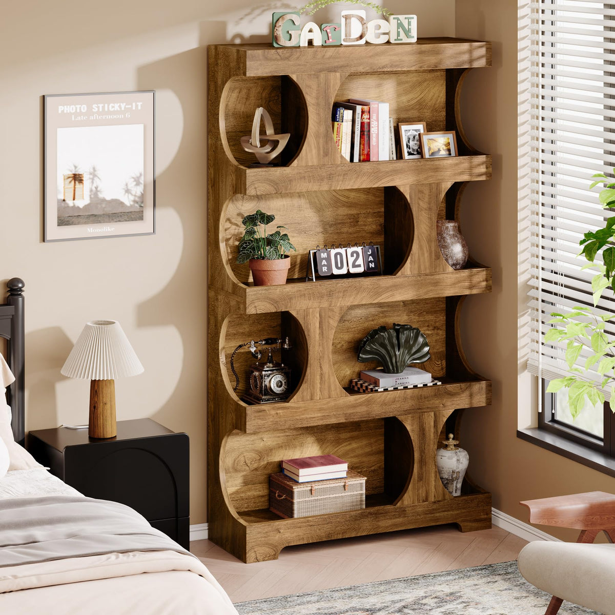 Tribesigns 71" Tall Bookcase, 4-Tier S-Shaped Bookshelf, Wood Decorative Storage Shelving, Modern Freestanding Display Shelves, Large Library Book Shelf Unit for Home Office Living Room Bedroom, Brown