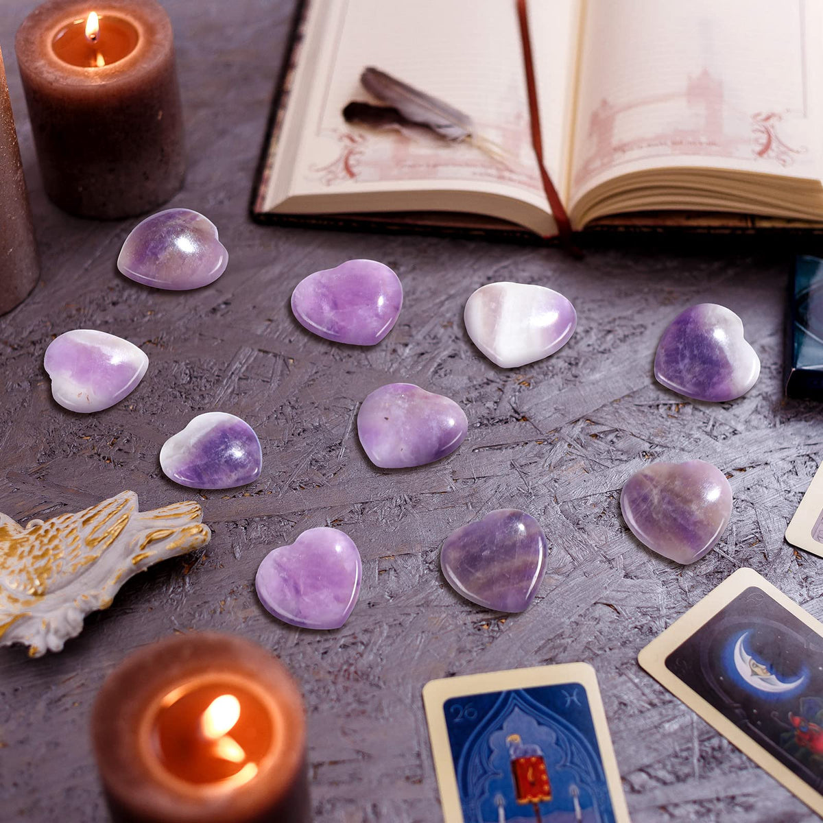 Patelai 24 Pcs Amethyst Heart Crystals Purple Heart Shaped Stones Natural Healing Worry Stones Mini Pocket Gemstone with Black Flannelette Bag for Valentines Gift Reiki Balancing
