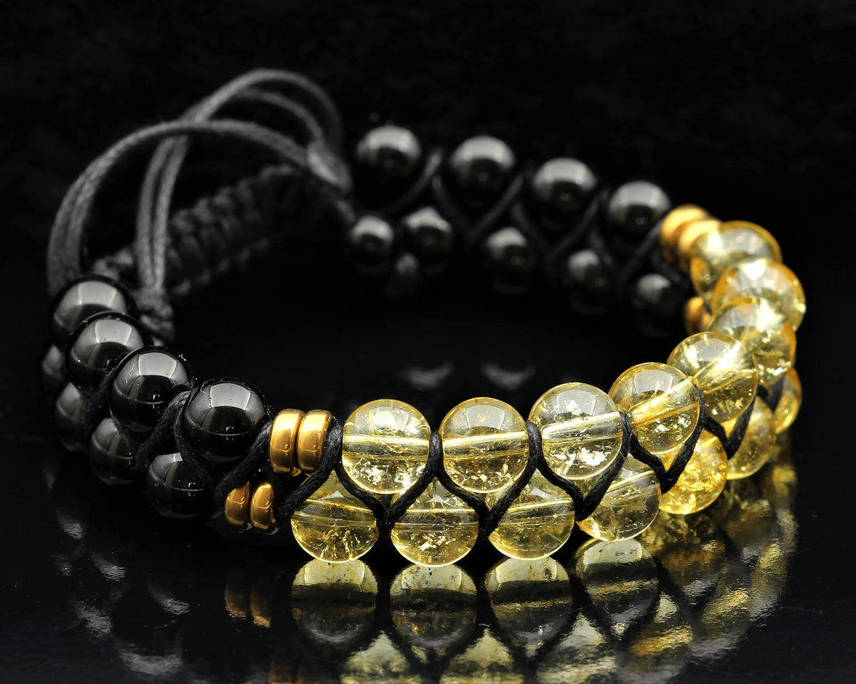 Natural Citrine Double Row Bracelet for Men & Women | Handmade 8mm Citrine Black Onyx Macrame Bead Bracelet | Adjustable Waxed Cord | Sagittarius Zodiac Chakra Jewelry Gift