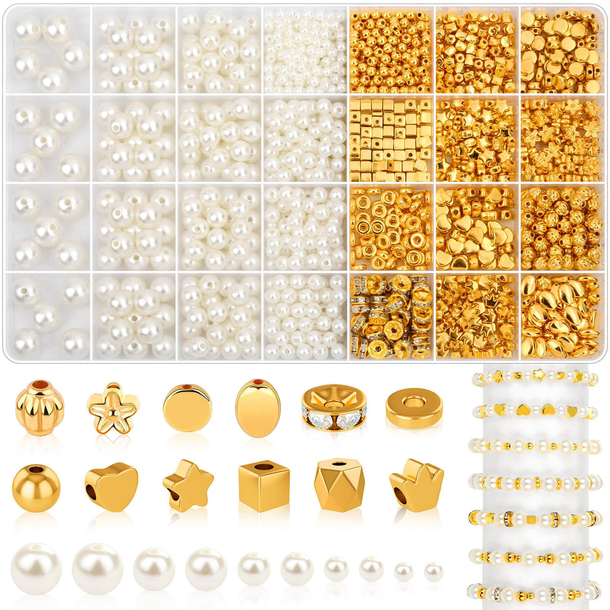 1352 Piece Gold Spacer and Pearl Beads for Bracelets, Assorted Gold and Pearl Beads for Jewelry Making