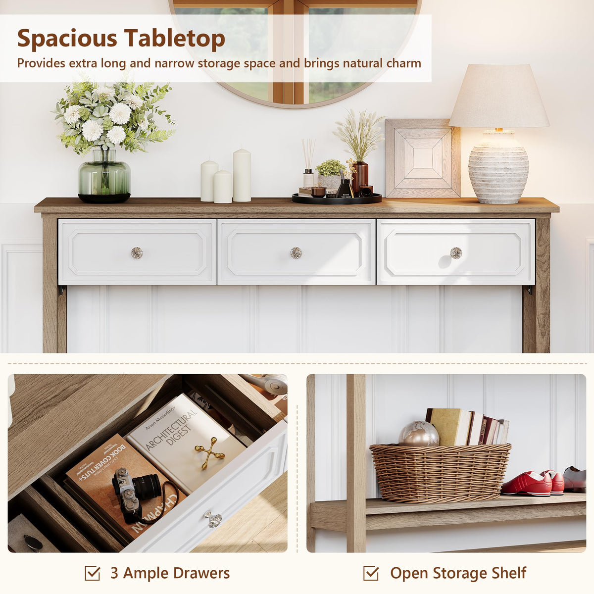 LAZZO Entryway Table with Storage Console Table with 3 Drawers and Open Shelf Behind the Couch Sofa Tables Narrow Long for Entry, Hallway, Foyer, Living Room Brown and White
