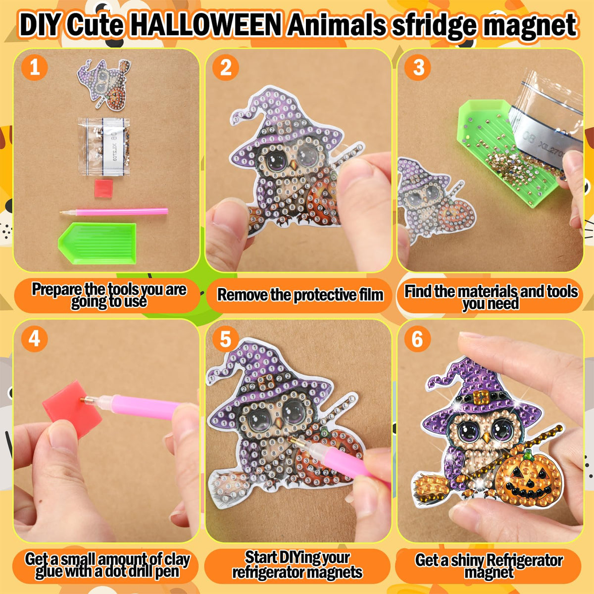 Xuhal 30 Pcs Halloween Diamond Painting Magnets Halloween Animal Diamond Art Magnet Kits for Adults Cute 5D Rhinestone Witch Hat Pumpkin Animal Refrigerator Magnetic Sticker for DIY Craft Fridge Gifts