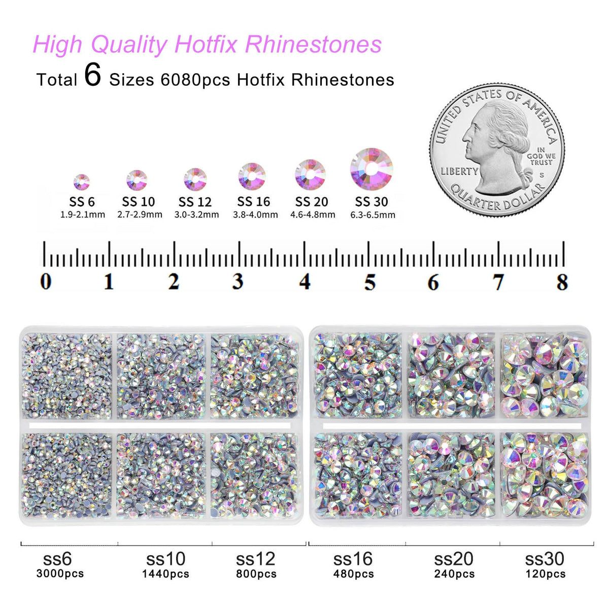 BEADSLAND Hotfix Rhinestones, 6080PCS AB Rhinestones for Clothes Crafts Mixed 6 Sizes with Wax Pencil and Tweezers Kit, SS6-SS30, Crystal AB