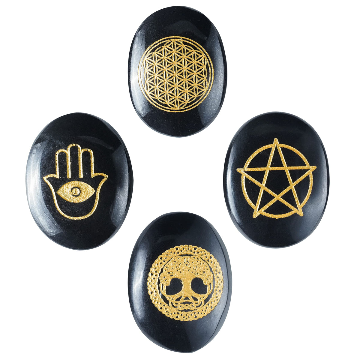 Crocon Black Agate Engraved Stone (Set of 4) Reiki Symbols Polished Palm Stones Sacred Geometry Symbols Set for Good Luck Pocket Stone Positive Healing Balancing Meditation Gemstone Gift Set