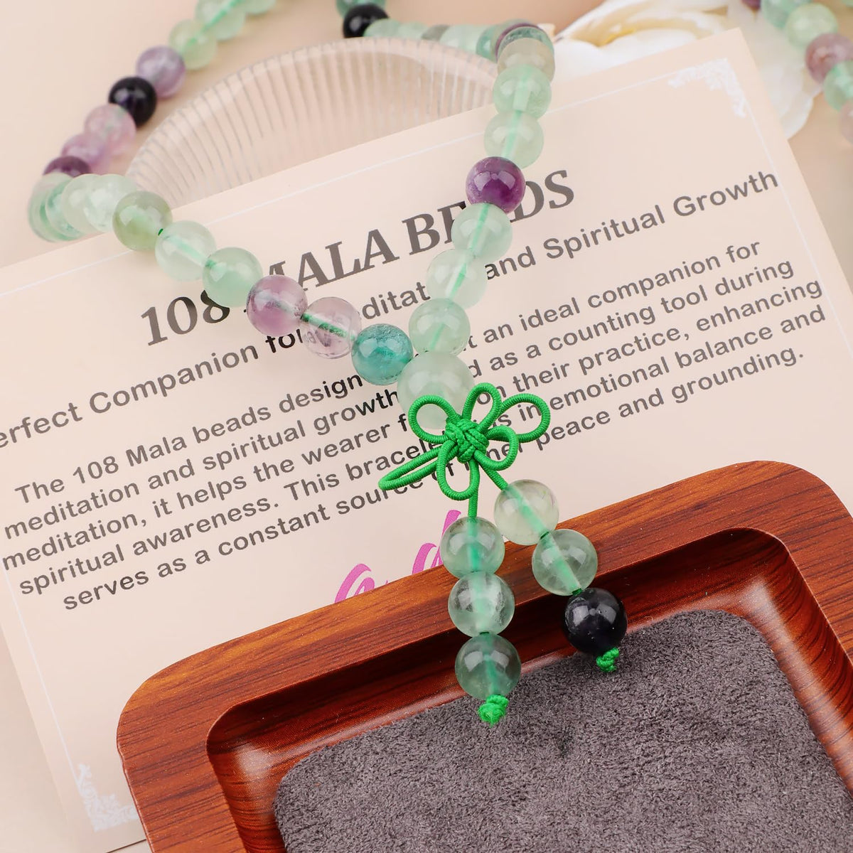 AD Beads 8mm 108 Prayer Mala Fluorite Elastic Bracelet - Wisdom and Creativity - Handmade Yoga Meditation Healing Power Energy Gifts for Unisex Adult.