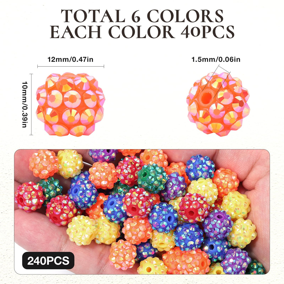 novani 240pcs 10mm Rainbow Rhinestone Beads for Jewelry Making, Resin & Clay Material, Round Shape, Loose Beads