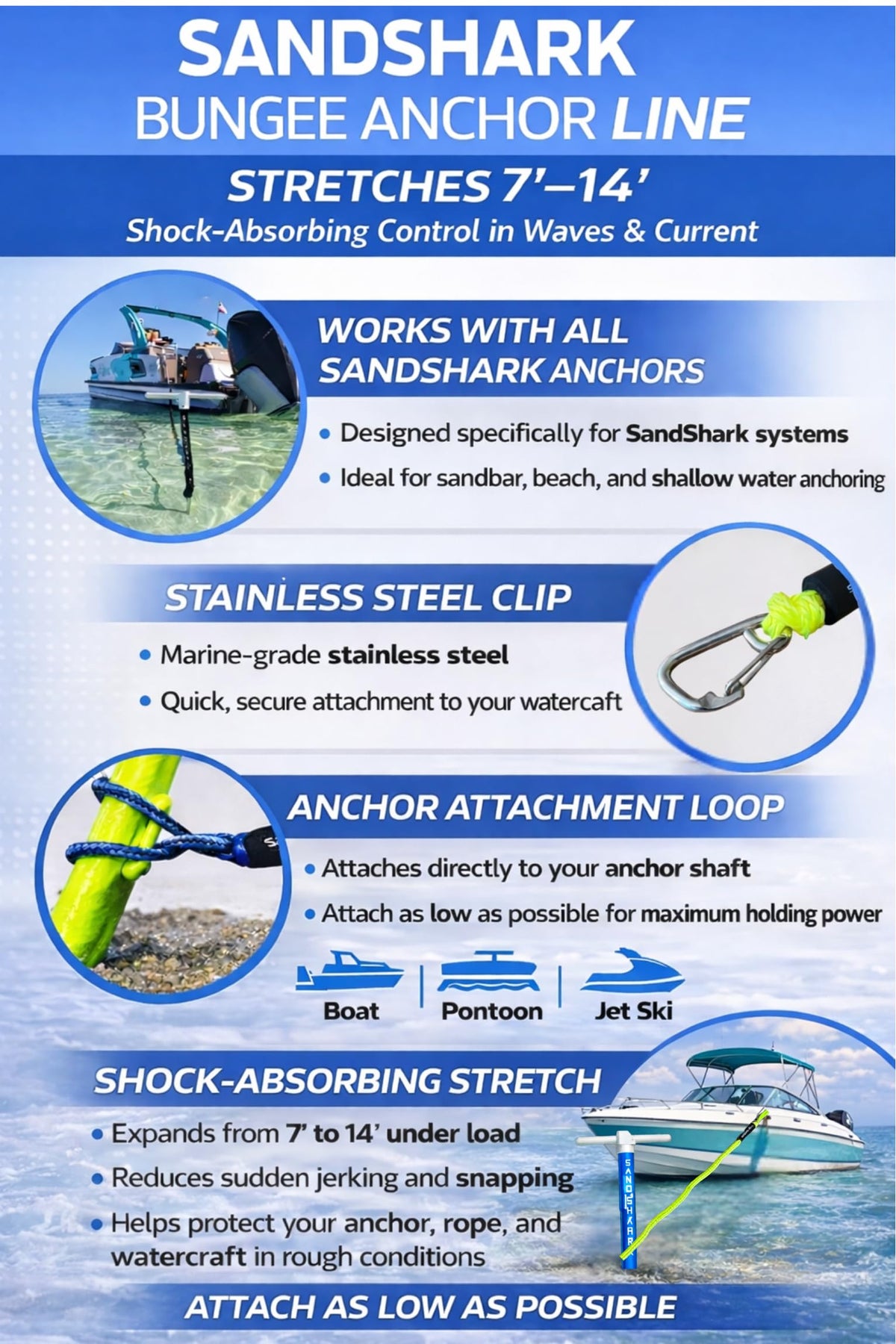SandShark Premium Anchor Bungee Dock Line. Boat Accessories Anchor Line Absorbs Shock to Anchors and Docks w/Stainless Steel Clip - Neon Green - 7-14ft
