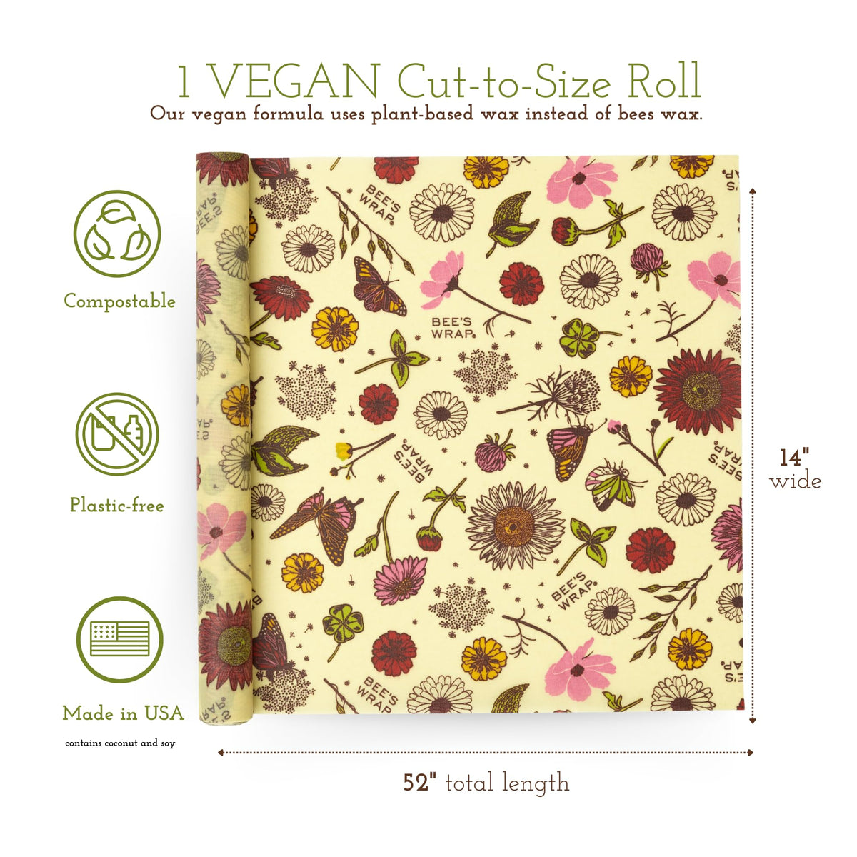 Bee's Wrap Vegan Beeswax Wraps for Food - Cut to Size 14x52" Beeswax Wrap Roll - Plastic Free Made in USA Reusable Natural Food Wrap - Meadow Magic