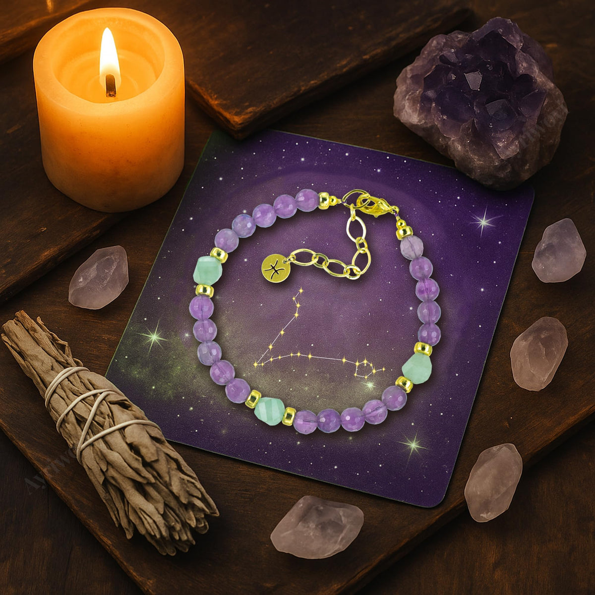 Ayriwoyi Pisces Zodiac Bracelet 12 Constellations Healing Crystal small Beads Birthstone Bracelets Amethyst Green Aventurine Beaded Bracelet Birthday Gift for Women