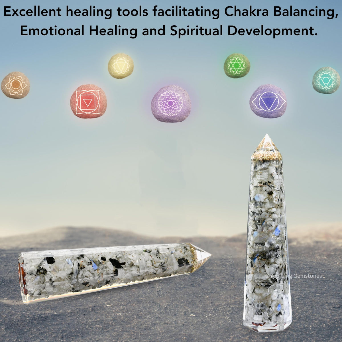 Amazing Gemstone Rainbow Moonstone Orgonite Orgone Crystal Towers - Large 4.5" Orgonite Crystal Wand Obelisk Tower Point for Meditation, Crystals and Healing Stones Gift and Protection