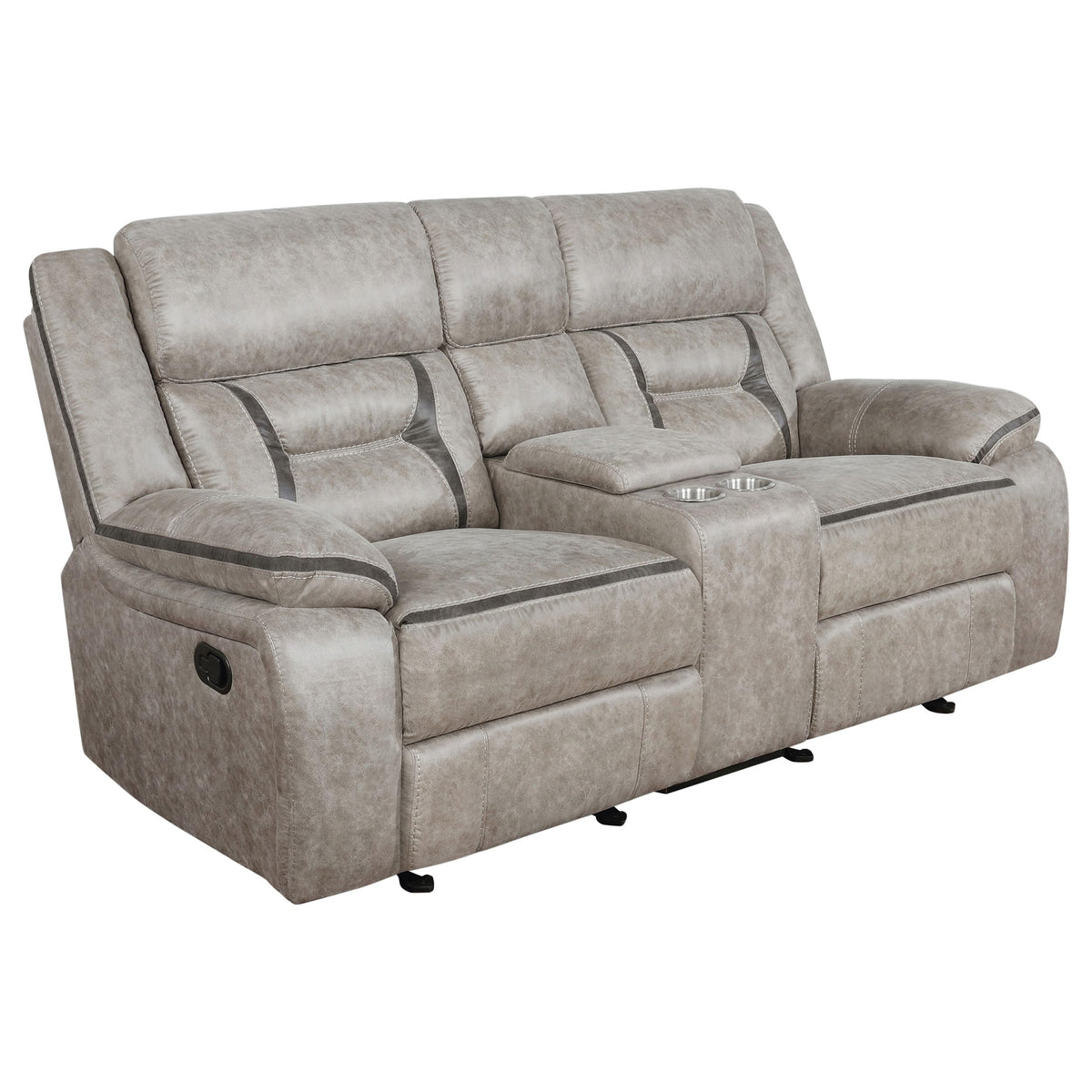 Coaster Home Furnishings - Greer - Faux Leather Upholstered Glider Reclining Loveseat with Console, Built-in Cupholders, Storage and USB Port - Home Theater & Living Room - Taupe - 651352