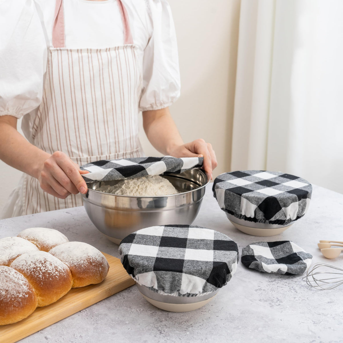 Reusable Elastic Bowl Covers - 100% Cotton Fabric Bowl Covers Set for Sourdough Bread and Mixing Bowls to Cover Dough, Fruits, Vegetables and Regulate Moisture (Black Plaid, 1XL, 1L, 1M, 1S)