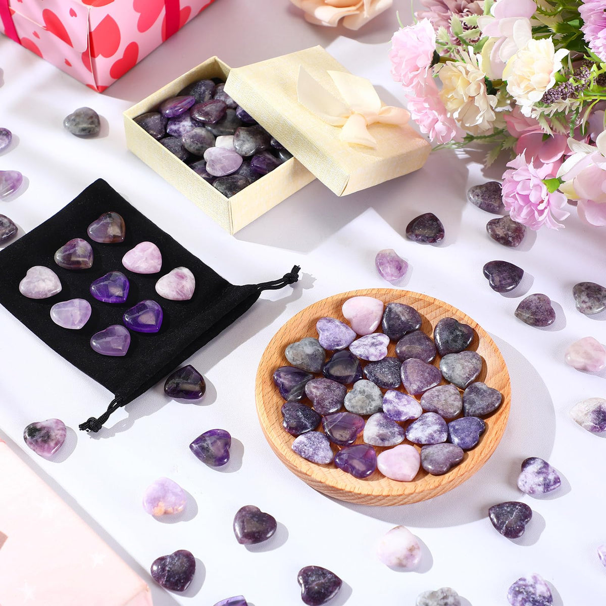 Ecation 120 Pcs Heart Quartz Bulk Crystals Stone Bulk Natural Polished Stone Heart Love Carved Healing Worry Crystal with Flannel Bag for Women Gifts(Amethyst)