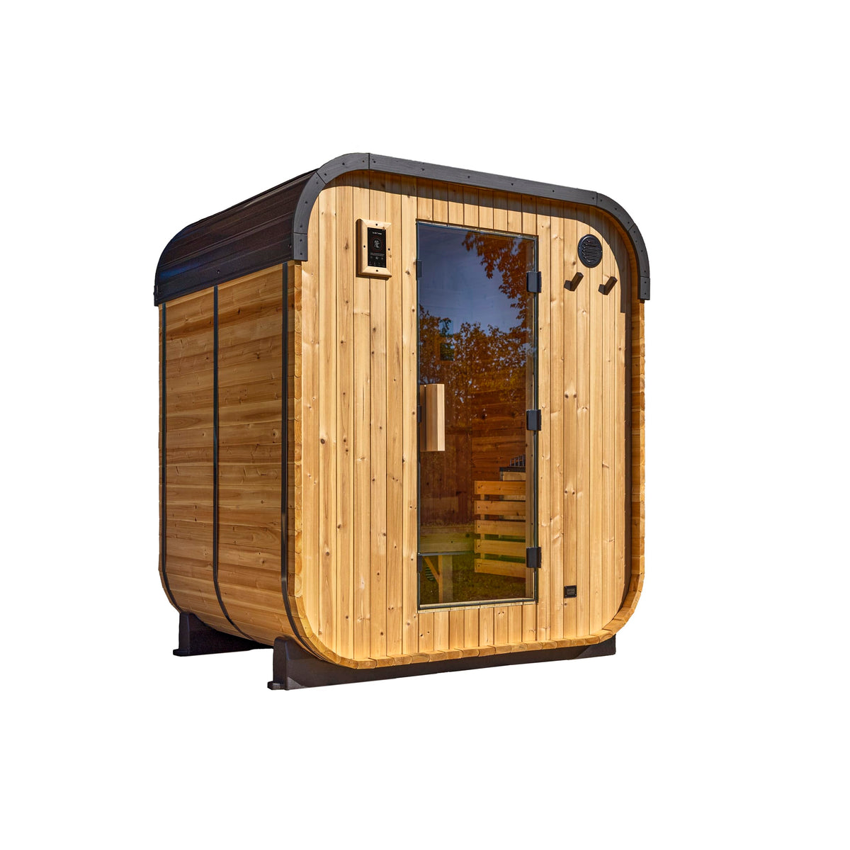 Backyard Discovery Lennon 2-4 Person Traditional Cedar Outdoor Cube Sauna with Electric Sauna Heater, Glass Door, Sauna Rocks, Dry Heat, Steam Sauna, LED Lights, Wi-Fi Control, Sauna Accessories