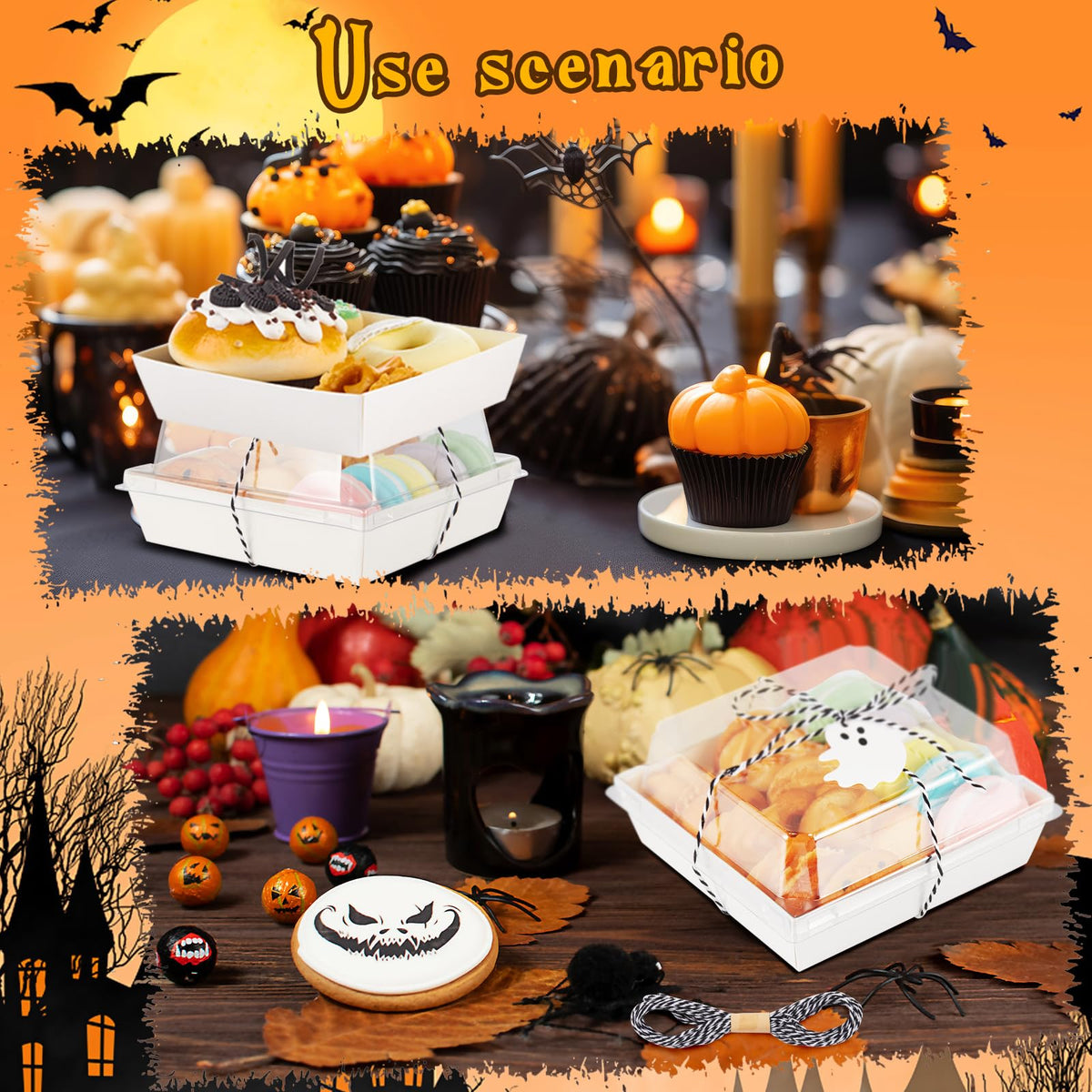 Yaomiao 50 Pcs Halloween Ghost Charcuterie Boxes with Clear Lids Rope Card 5.3 Inch Square Disposable Paper Food Containers Bakery Dessert Treat Boxes for Cake Cookie Sandwich Halloween Party Favors