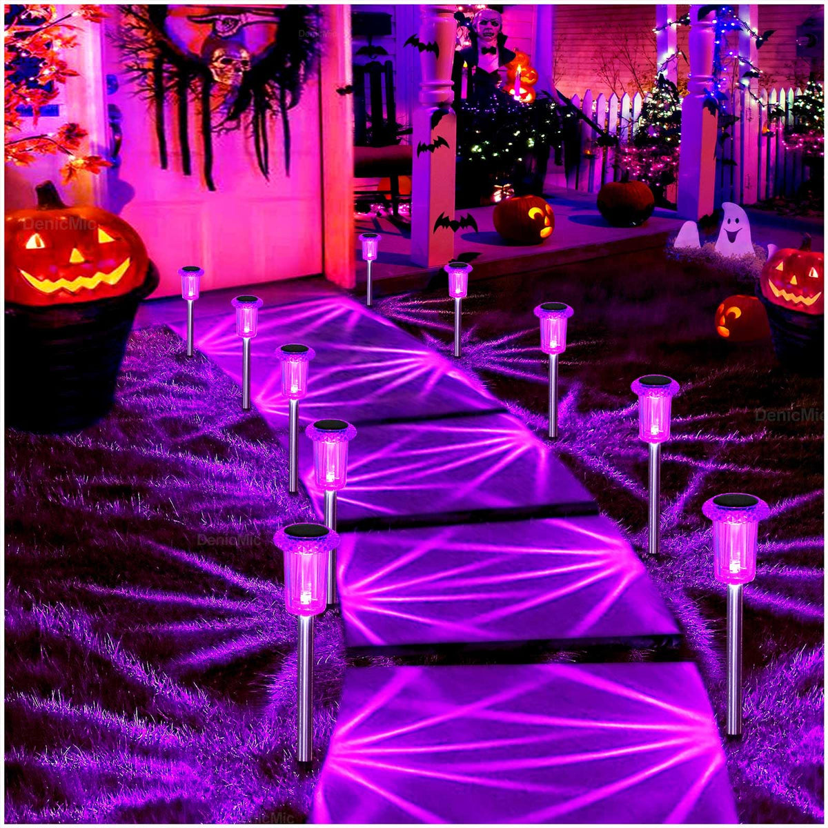 DenicMic Solar Halloween Lights Outdoor 10 Pack Waterproof Outside Lights for Yard Pathway Garden Driveway Walkway Landscape Path Lighting Purple LED Stainless Steel Stake Halloween Decor