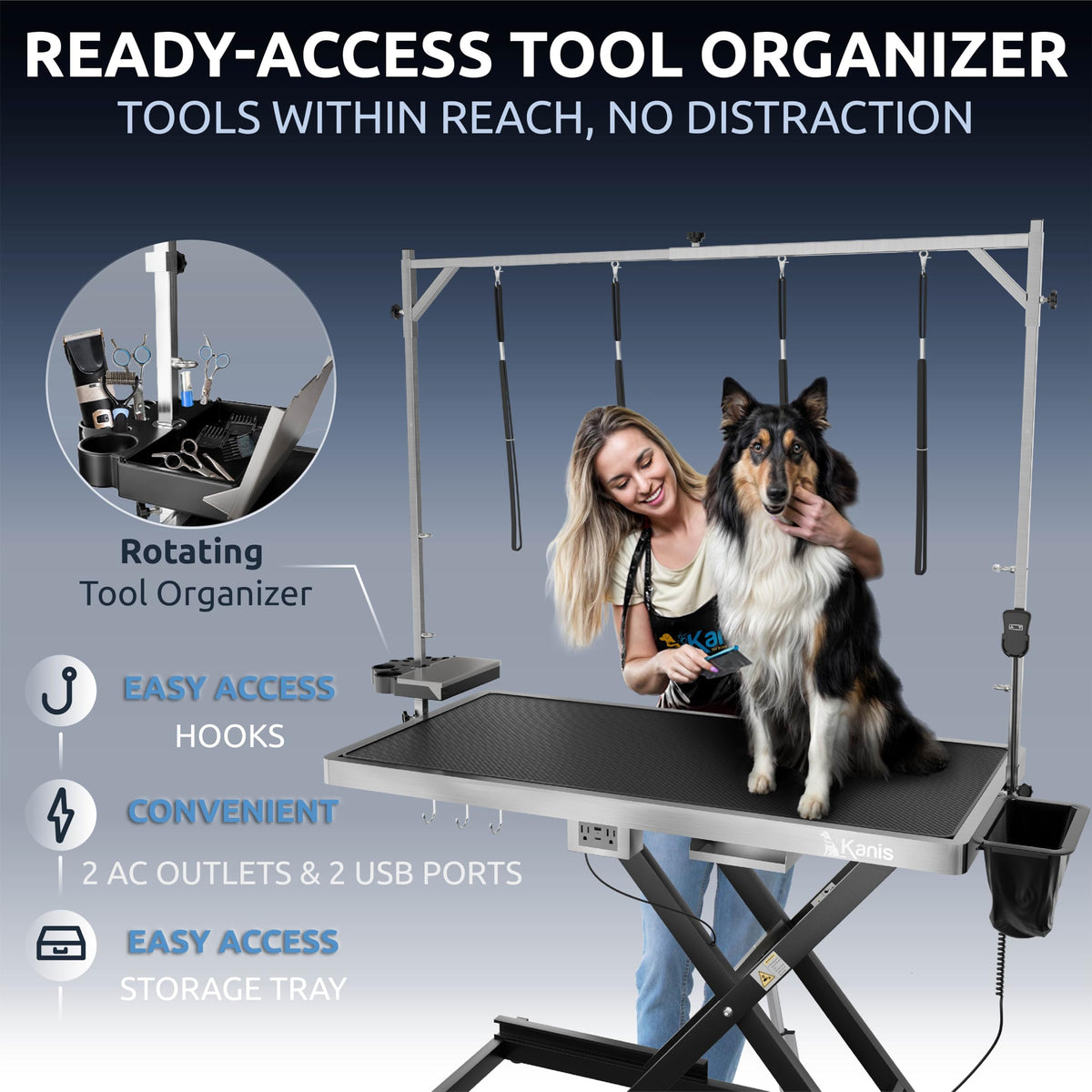 KANIS Professional Electric Dog Grooming Table - Heavy Duty, Height Adjustable Pet Grooming Table w/Leveling Wheels, Grooming Arm, Anti-Slip Tabletop & Tool Organizer/Dog Grooming Station (Black, 49")