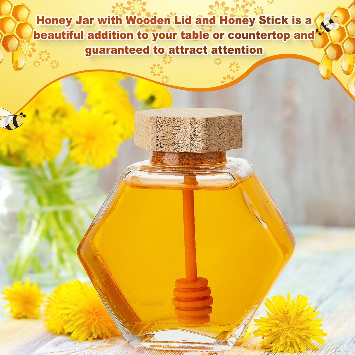 Sunnyray 20 Pcs Glass Honey Jars with Dipper Hexagonal Clear Glass Dispenser Small Honey Containers Bottle with Wooden Dipper and Cork Lid for Home Storage Kitchen (220 ml)