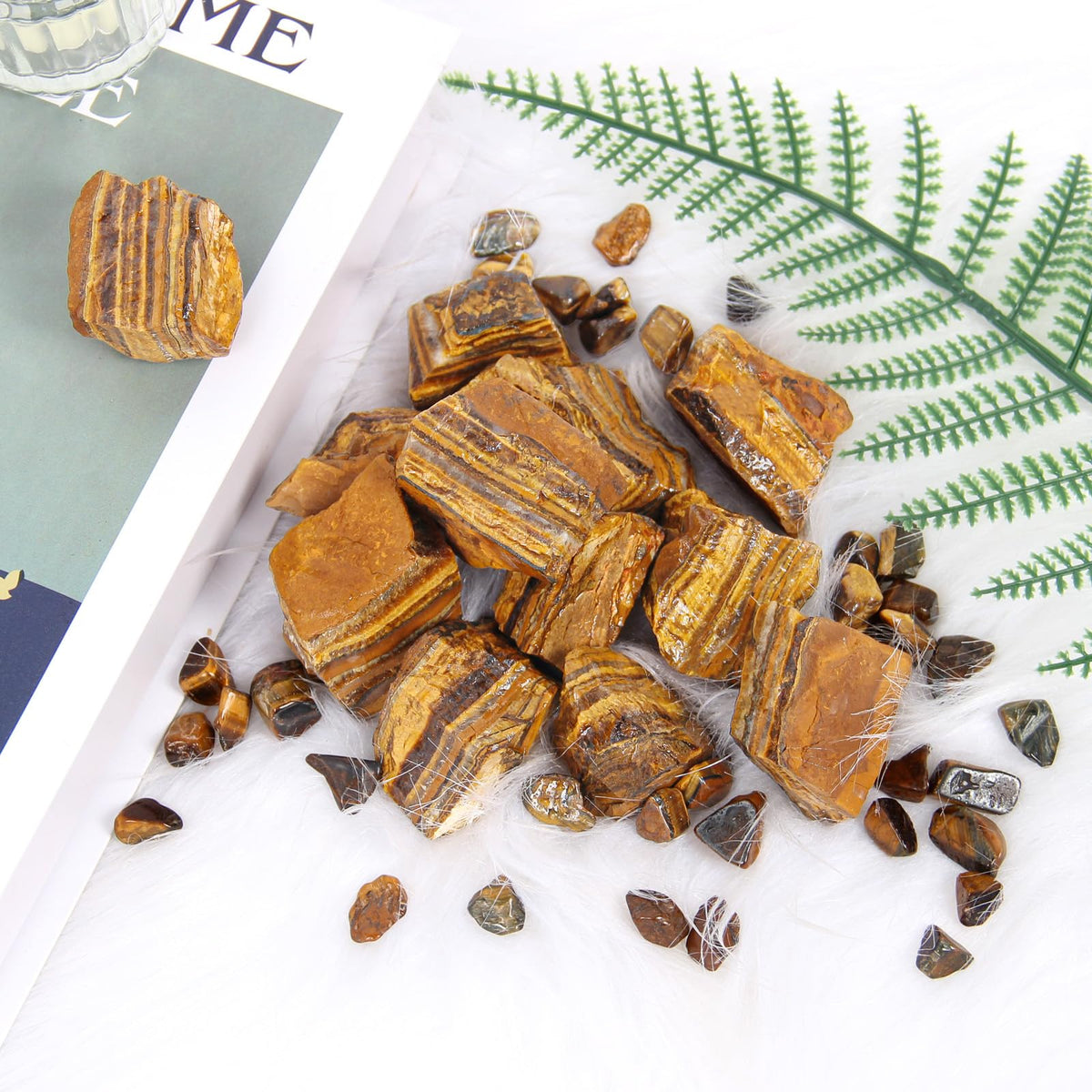 1.1lb Bulk Raw Tiger Eye Stone Rough Crystal-Natural Tiger Eye Raw Stones Crystal for Tumbling, Cabbing, Fountain Rocks, Decoration,Polishing, Wire Wrapping, Wicca & Reiki Crystal Healing