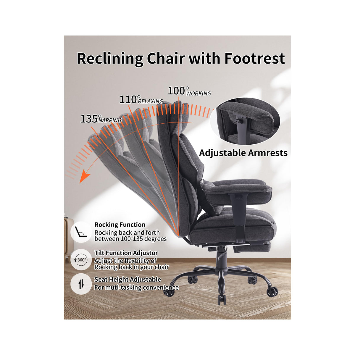 Efomao Fabric Office Chair, Big and Tall Office Chair 400 lb Weight Capacity, High Back Executive Office Chair with Foot Rest, Ergonomic Office Chair for Back Pain Relief, Dark Grey