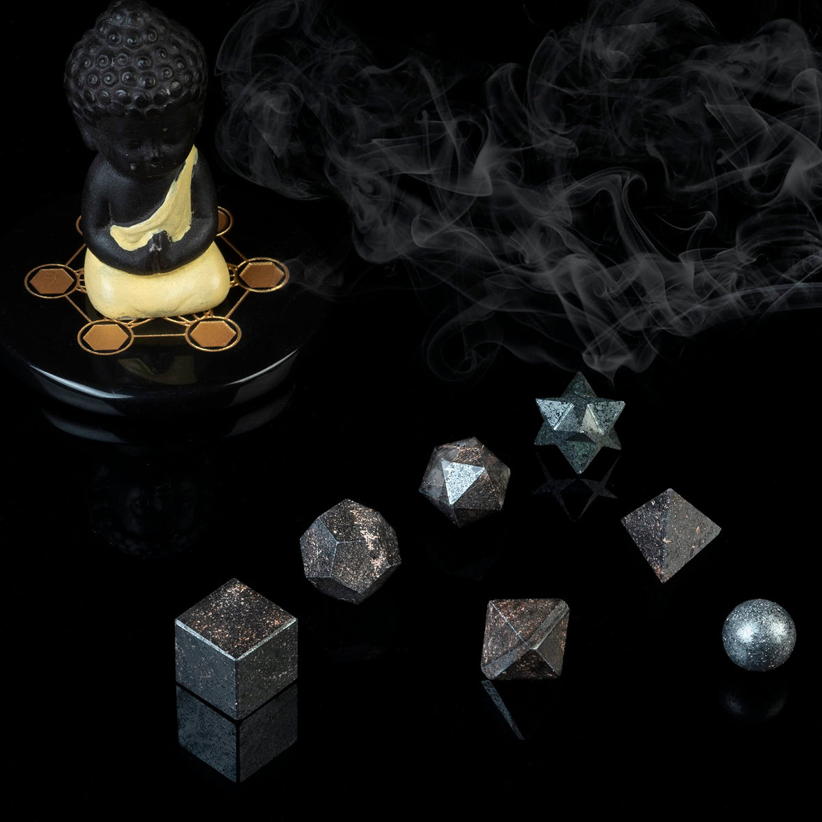 Crocon Hematite 7 Pcs Platonic Solid Sacred Stones Geometry Set for Reiki Healing Chakra Stone Balancing Crystal Cleansing Spiritual Money Good Luck Decor Size: 15-20 mm