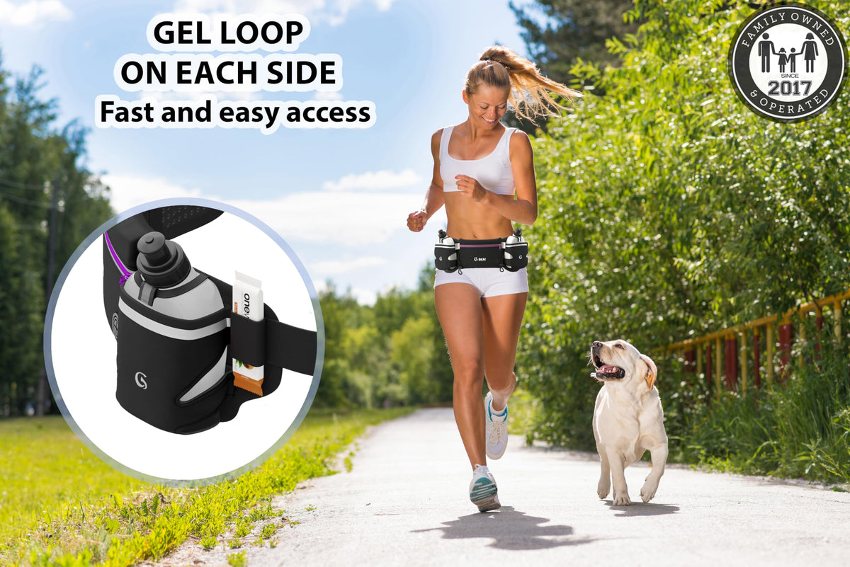Q-RUN Hydration Running Belt with Bottles - Water Belts for Woman and Men - iPhone Belt for Any Phone Size - Fuel Marathon Waist Pouch for Runners - Jogging Cycling Biking, Purple