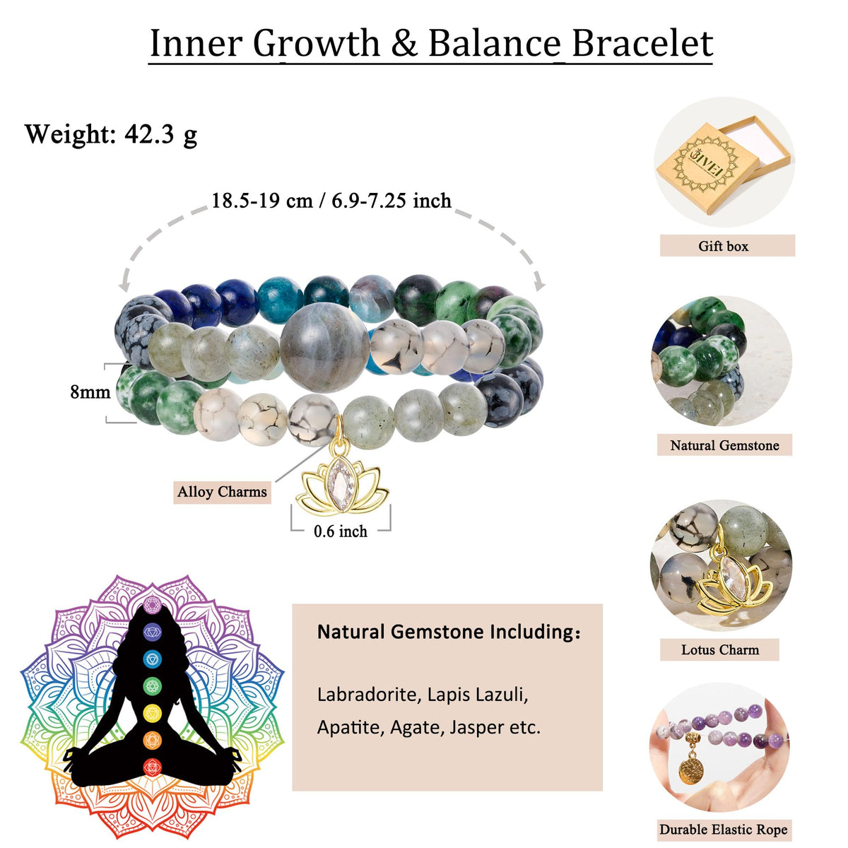 Bivei Beaded Bracelets for Women with Lotus Charm Healing Gemstone Crystal 7 Chakra Bracelet Natural Stretch Bracelets Set for Women Yoga Meditation Anxiety Stress Relief Jewelry(Green)