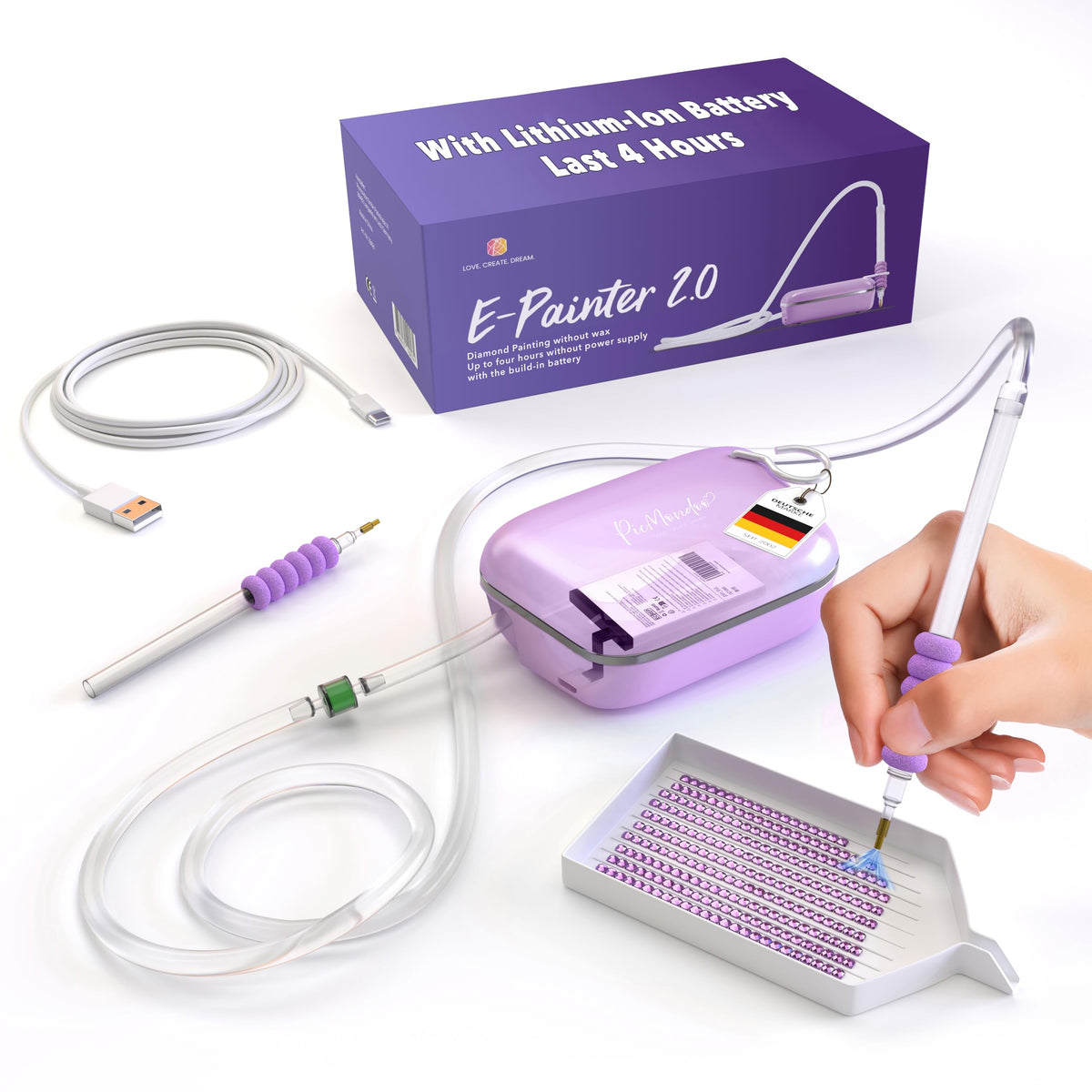Picmondoo Electric Diamond Painting Pen – Wireless Vacuum Diamond Art Pen, Waxless Diamond Painting Tool Kit with Pump & Accessories for Fast & Easy Diamond Art, AB Stones Compatible (Purple, 2 Gear)