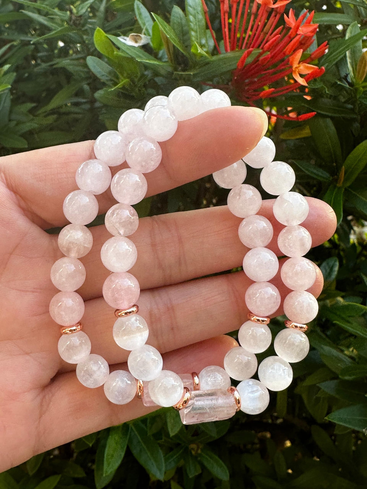 GAF TREASURES Rose Quartz and Selenite Crystal Bead Bracelet 8mm, Genuine Rose Quartz Cylinder with Copper Discs Stretch Gemstone Bracelet, Healing Crystal Bracelet, Gift for Men & Women (1)