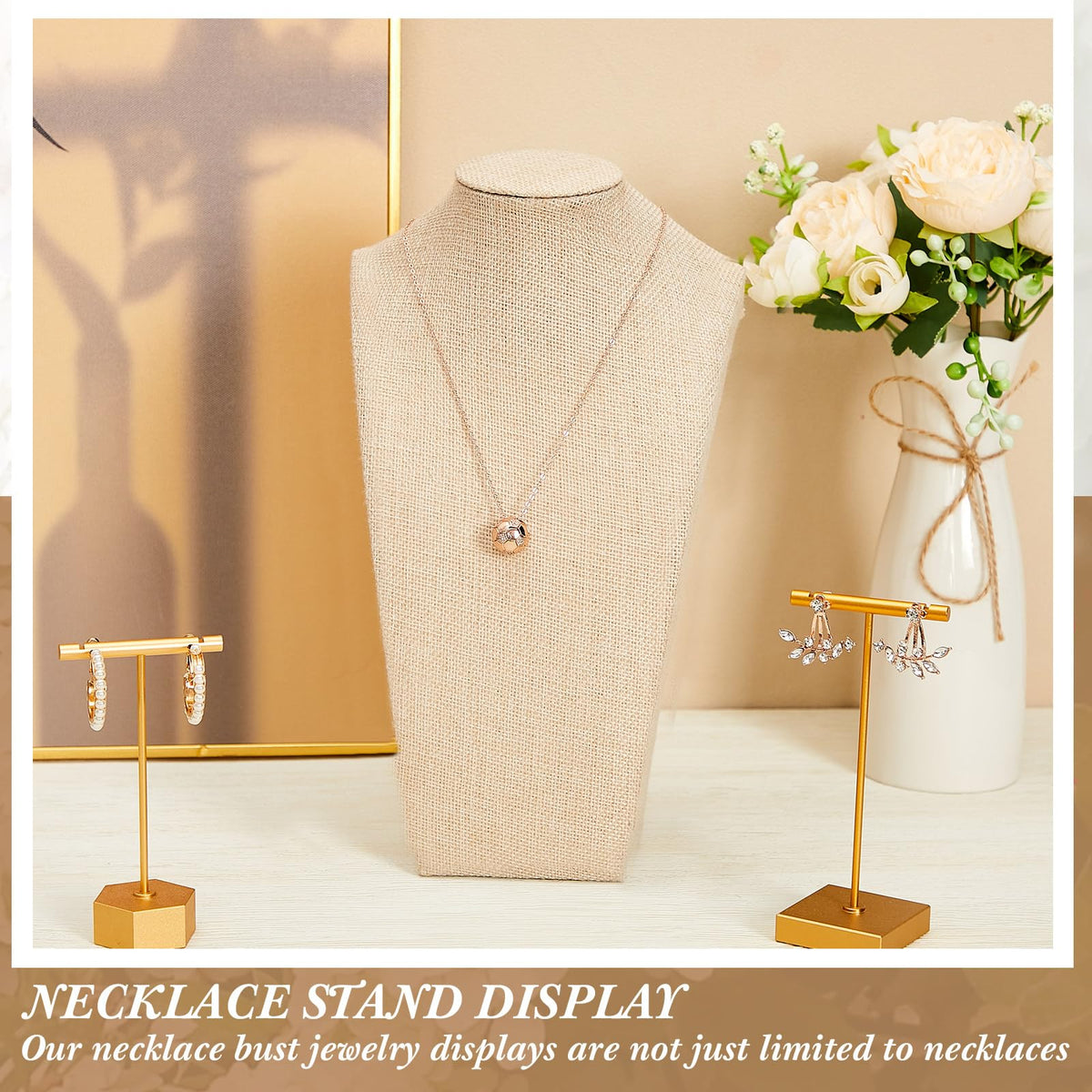 Kigley 3 Pcs Linen Jewelry Display Bust Necklace Display Stand Necklace Mannequin Holder for Jewelry Selling Trade Shows (Beige,9.8 x 3.0 x 5.7 Inches)