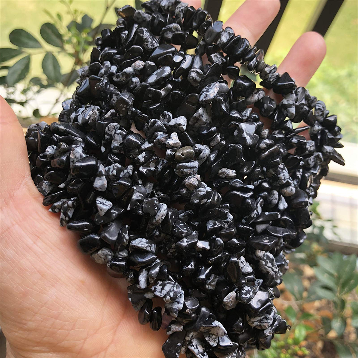 Fekuar 64" Irregular Tumbled Snowflake Obsidian Chip Beads for Jewelry Making, Healing Crystal Drilled Loose Bead Strand DIY Craft Supplies, 5-8mm