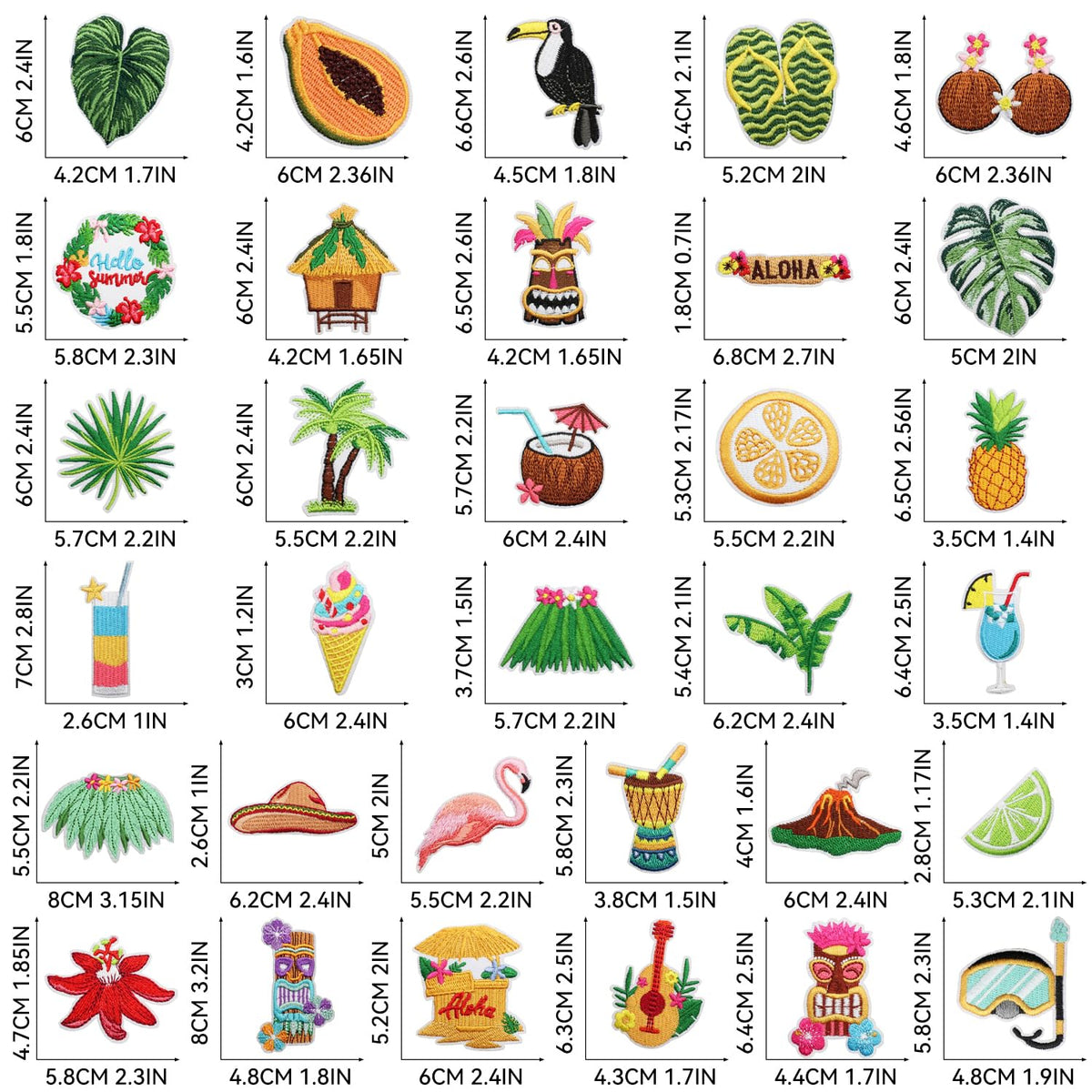 Nicime 32pcs Summer Hawaii Iron/Sew on Patches, Cute Funny Embroidered Applique, Vacation Tour Decration for Clothes, Hat, Bag, Jeans, Dress, Shirt