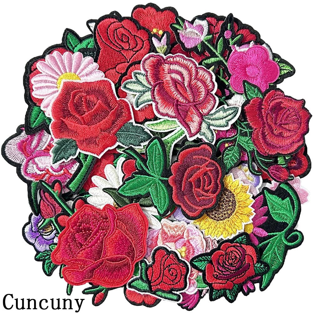 30pcs/1 Box Cuncuny Assorted Flower Cuncuny Kids Girls Patch Sewing on/Iron on Patch Applique DIY Craft Embroidered Applique Patches (Assorted Flowers)