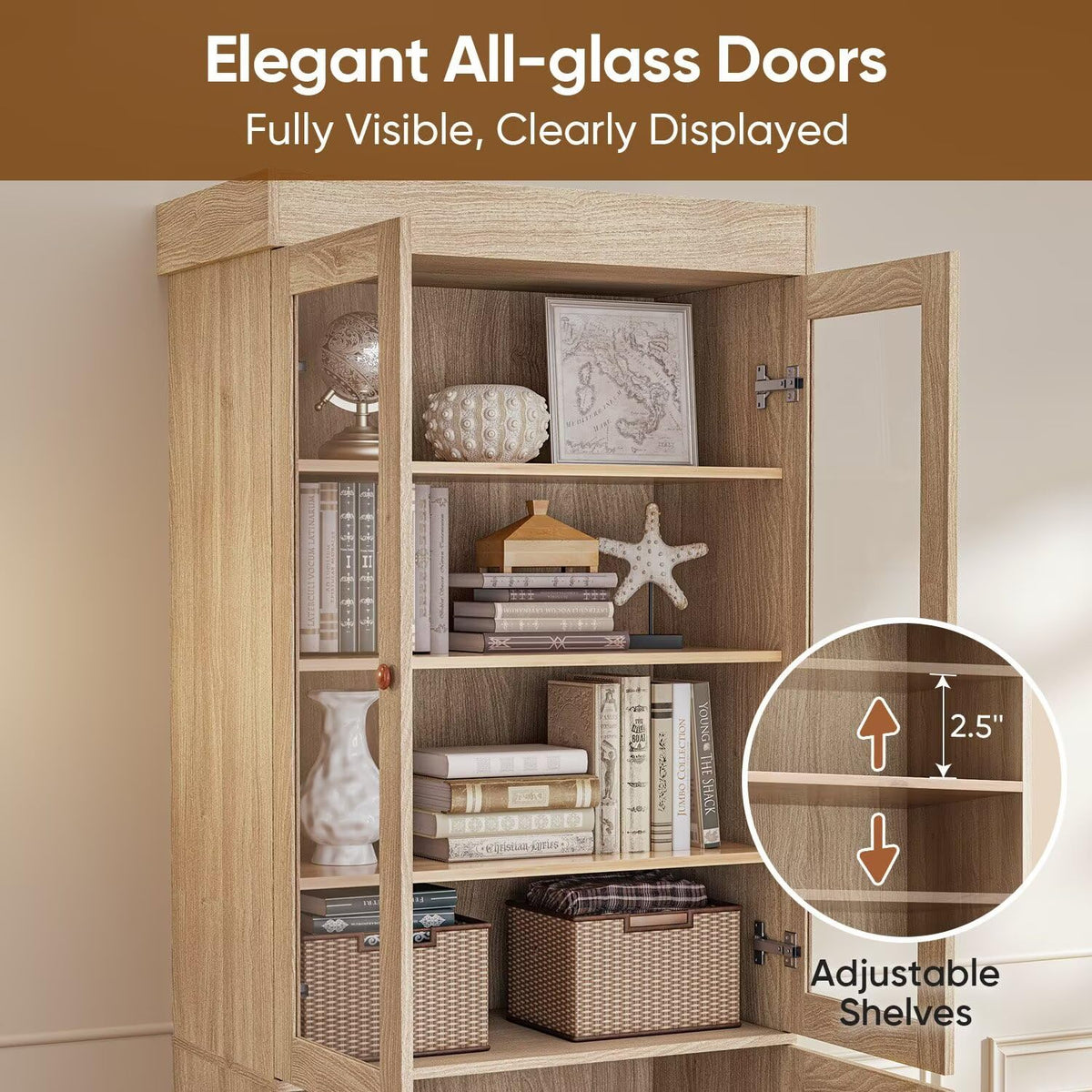 ivaniti 71" Farmhouse Bookcase with Glass Doors & Drawers, Tall Wooden Storage Cabinet with Adjustable Shelves for Living Room, Kitchen, Home Office, Dining Room – Rustic Brown, Set of 4