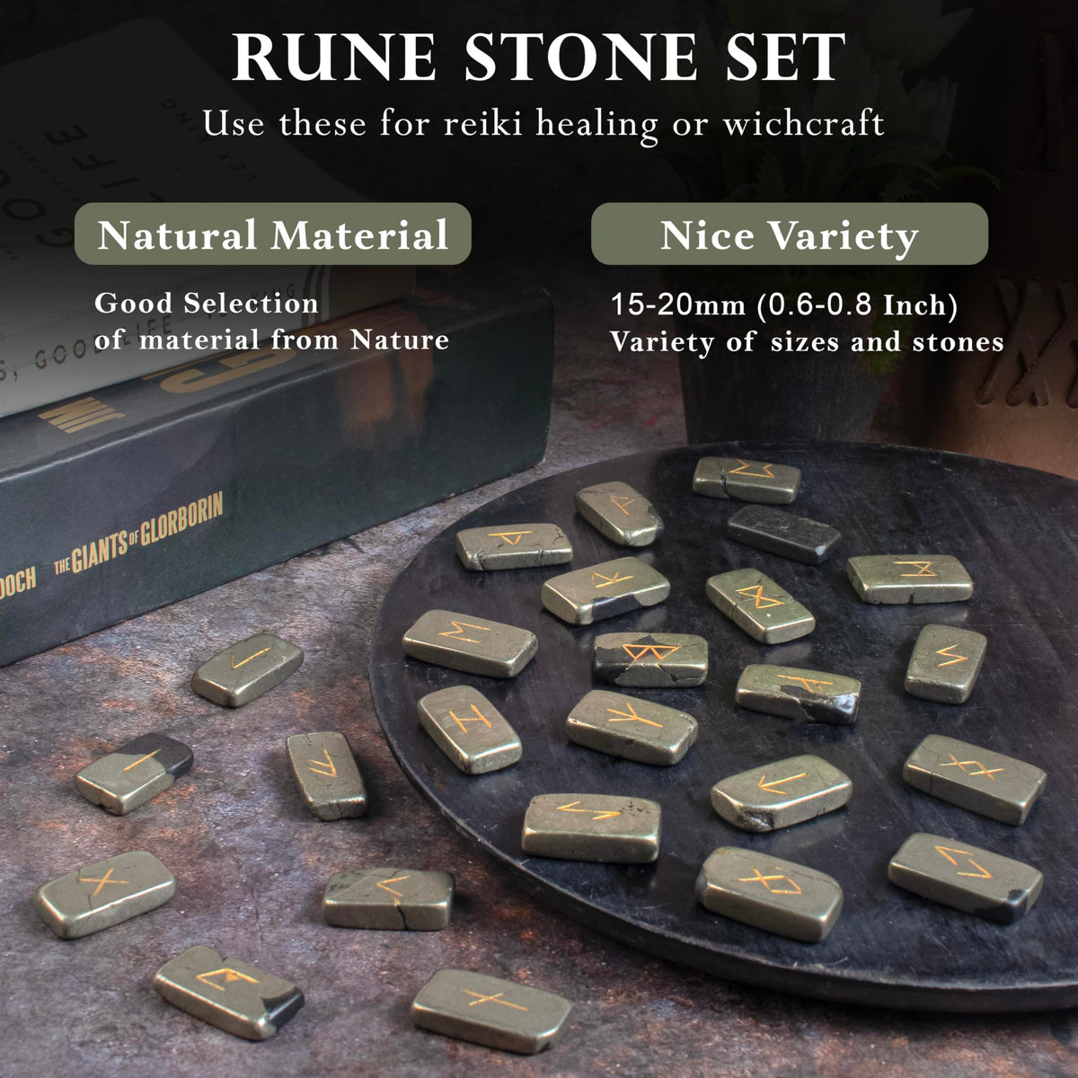 Crocon Golden Pyrite Rectangle Shape Gemstone Runes with Elder Futhark Alphabet Engraved 25 pcs Rune Set Crystal Divination Healing Chakra Reiki Runes Set with a Pouch Size : 20-25mm