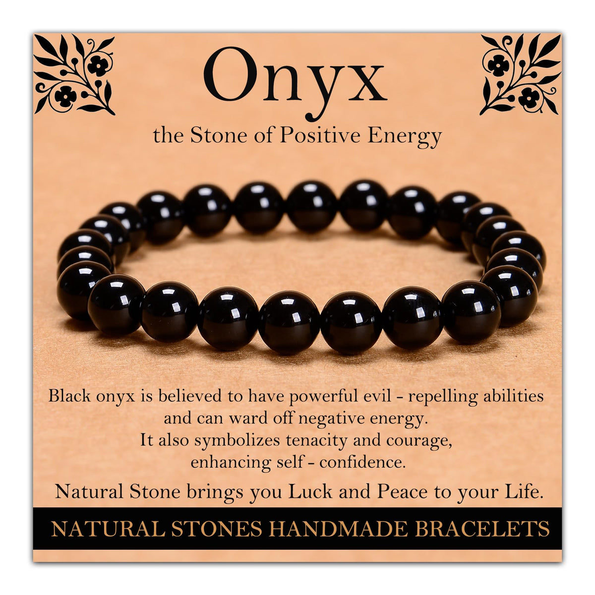 Handmade Natural Gemstone Elastic Bracelet - Healing Crystal Beads Jewelry, Unisex (Black Onyx, 8mm)