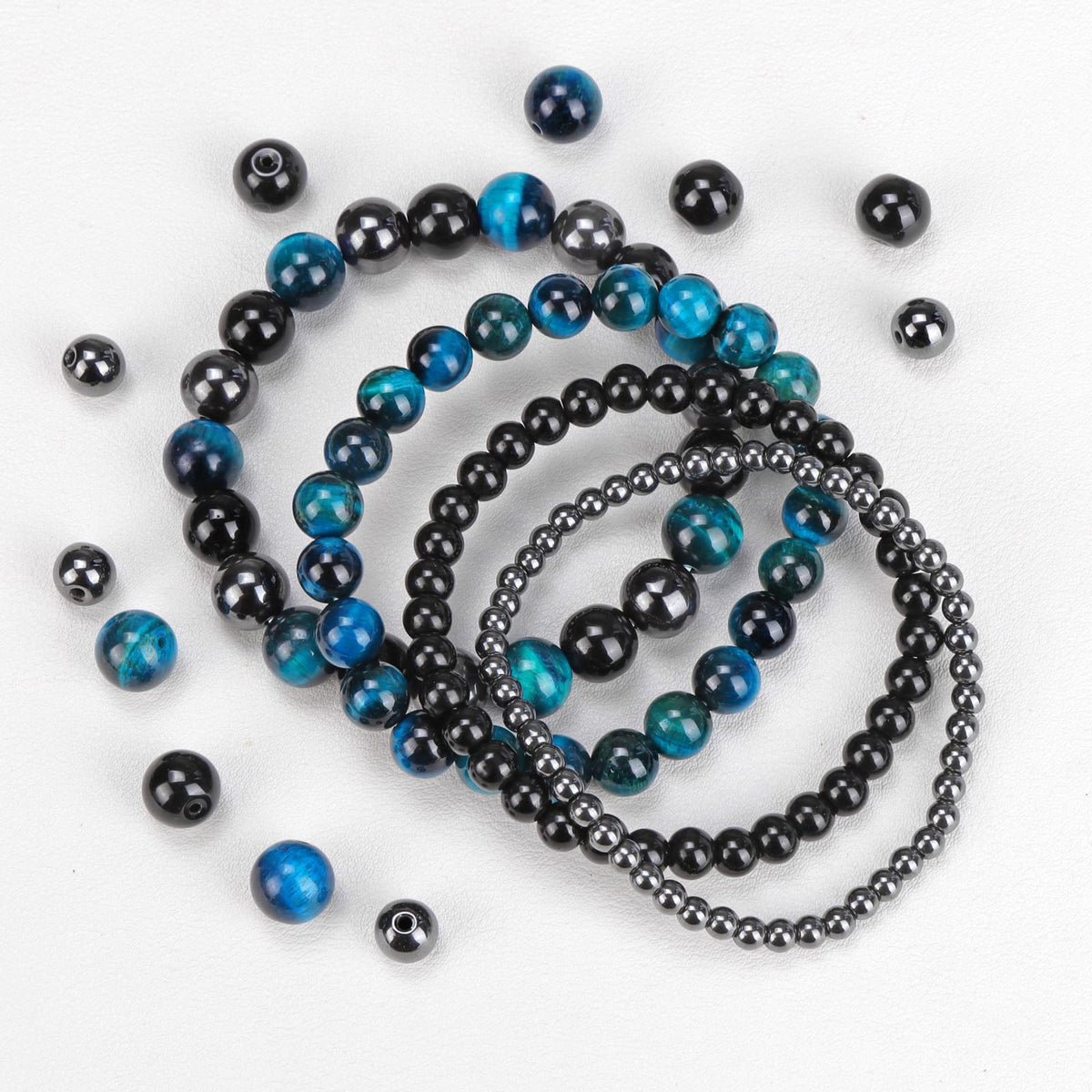 Vinswet 4pcs Natural Stone Beaded Bracelets for Women Men,Healing Crystal Gemstones Stretch Bracelet,4mm 6mm 8mm 10mm Blue Tiger Eye Black Obsidian Hematite Anxiety Stress Relief Bracelet Jewelry Gifts