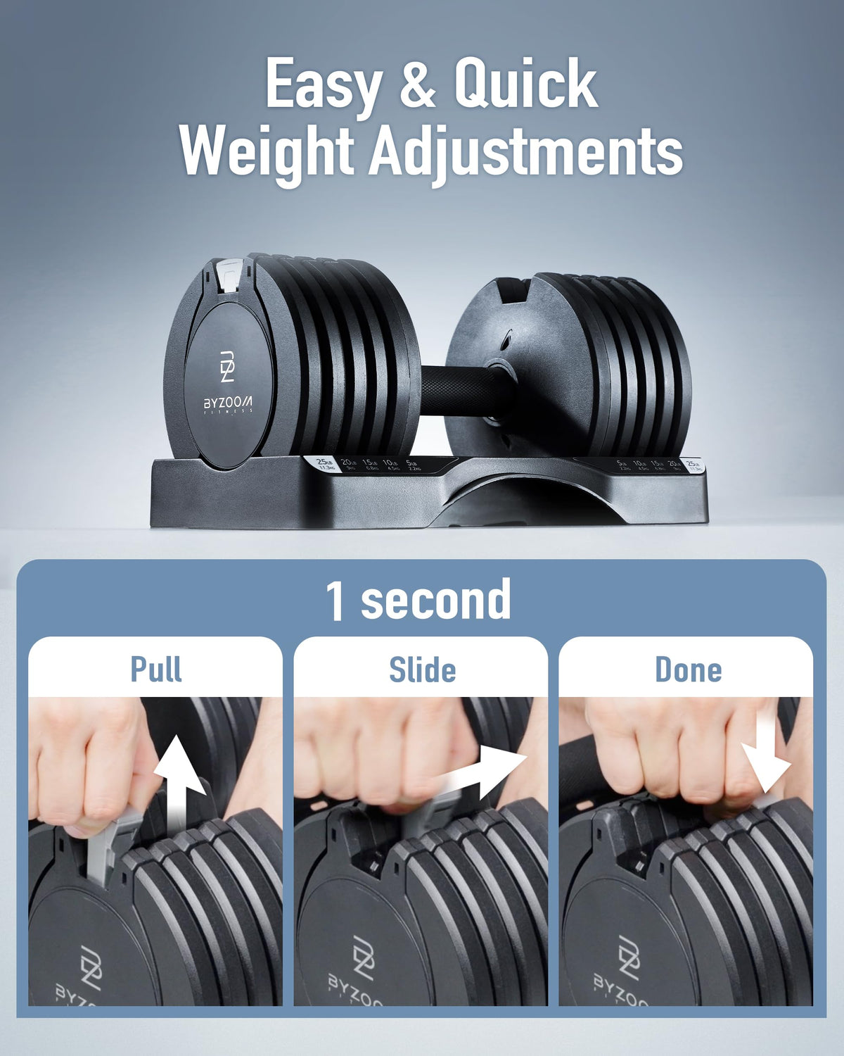 BYZOOM FITNESS Pure Series Adjustable Dumbbell - 12.5/25/27.5/75lb - ONE UNIT OR PAIR(check QTY before purchase) - 5-in-1/ 10-in-1 / 21-in-1 Flexible Hand Weights for Home Gym, Strength Training & Fitness Workouts, White OR Black