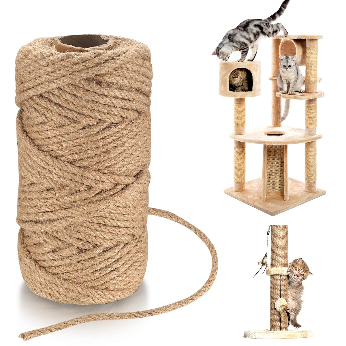 6mm Jute Rope, 164 Feet/50 m Jute Twine, Natural Hemp Rope, Heavy DutyJute Sisal String Cord Rope for DIY Arts Crafts, Gardening, Bundling, Decorating, Cat Scratching Post, Gift Wrapping (6mm x 164ft)