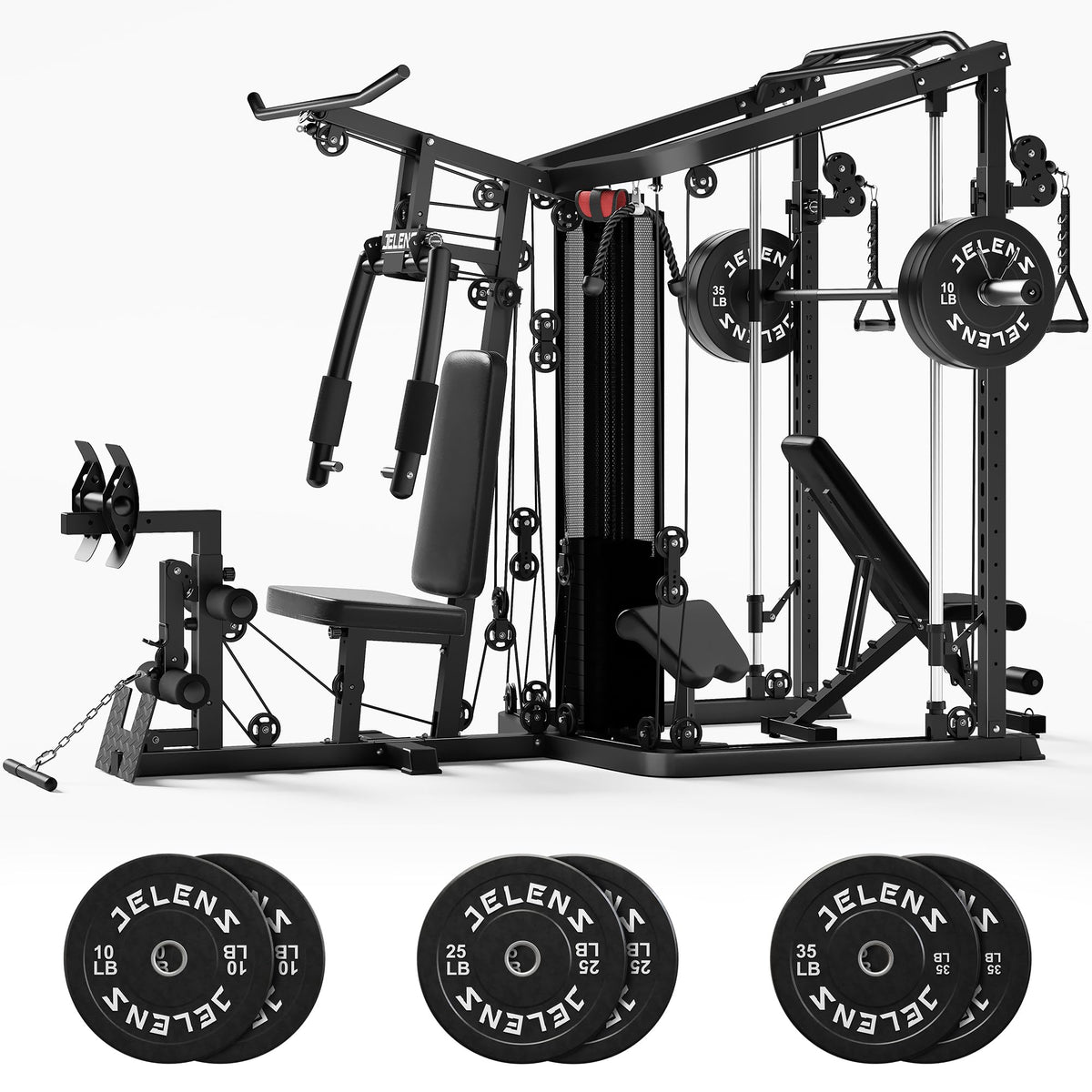 JELENS Home Gym System, 150LB Weight Stack Smith Machine with LAT Pull-Down & Leg Press, All-in-One Strength Training Equipment, Workout Station for Workout (Black, 140LBS Black Weights Package)