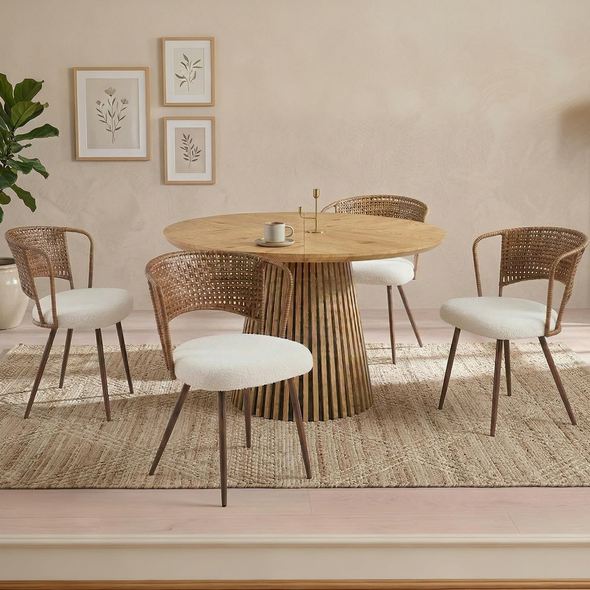 KEIKI Wicker Dining Chairs Set of 4, Farmhouse Cane Back Kitchen Chairs with Upholstered Cushion, Wingback Rattan Dining Chair with Metal Legs & Adjustable Feet, Modern Dining Room Chairs, Dark Brown